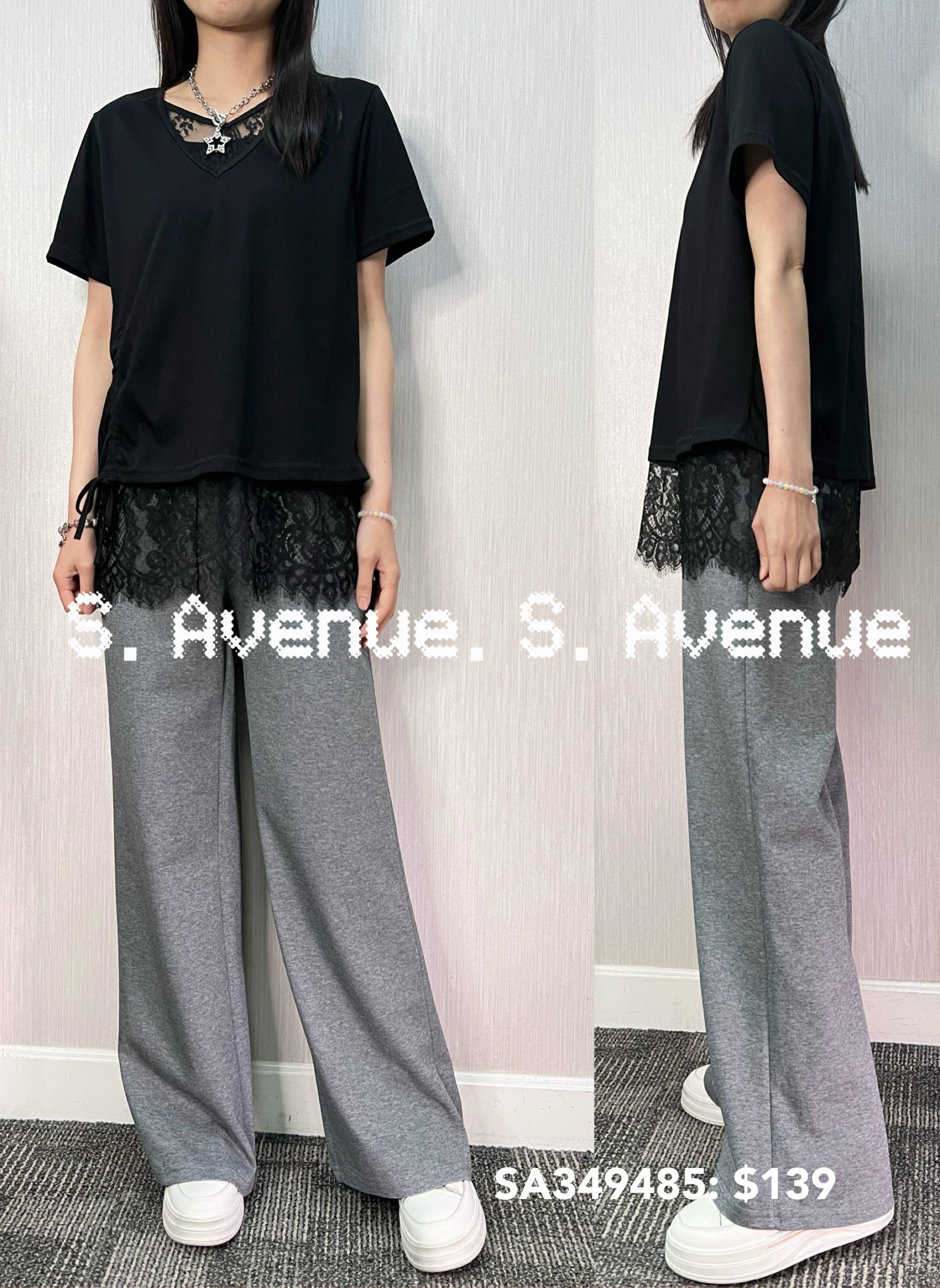 SA349485: 短袖V領拼lace束腳top