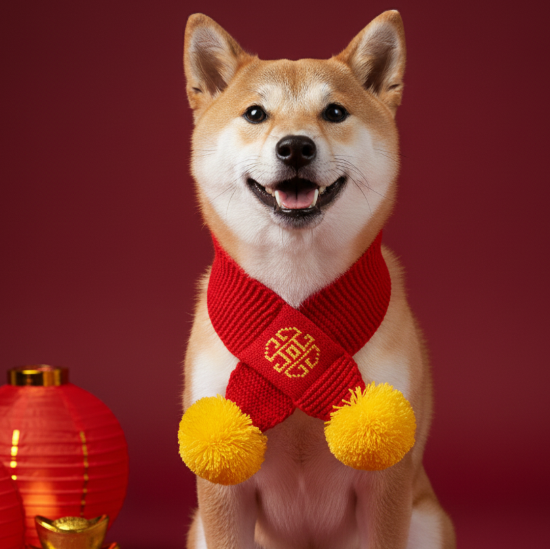 T911R 賀年冷頸巾 - 紅色配黃毛球 New Year cold scarf - red with yellow pom-poms