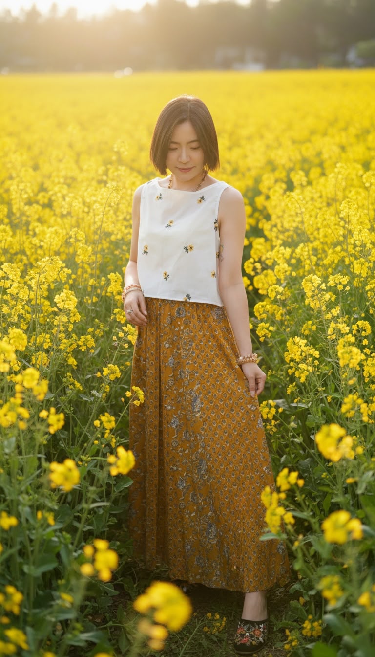 2592 Mustard Patchwork BlockPrint Skirt 39"