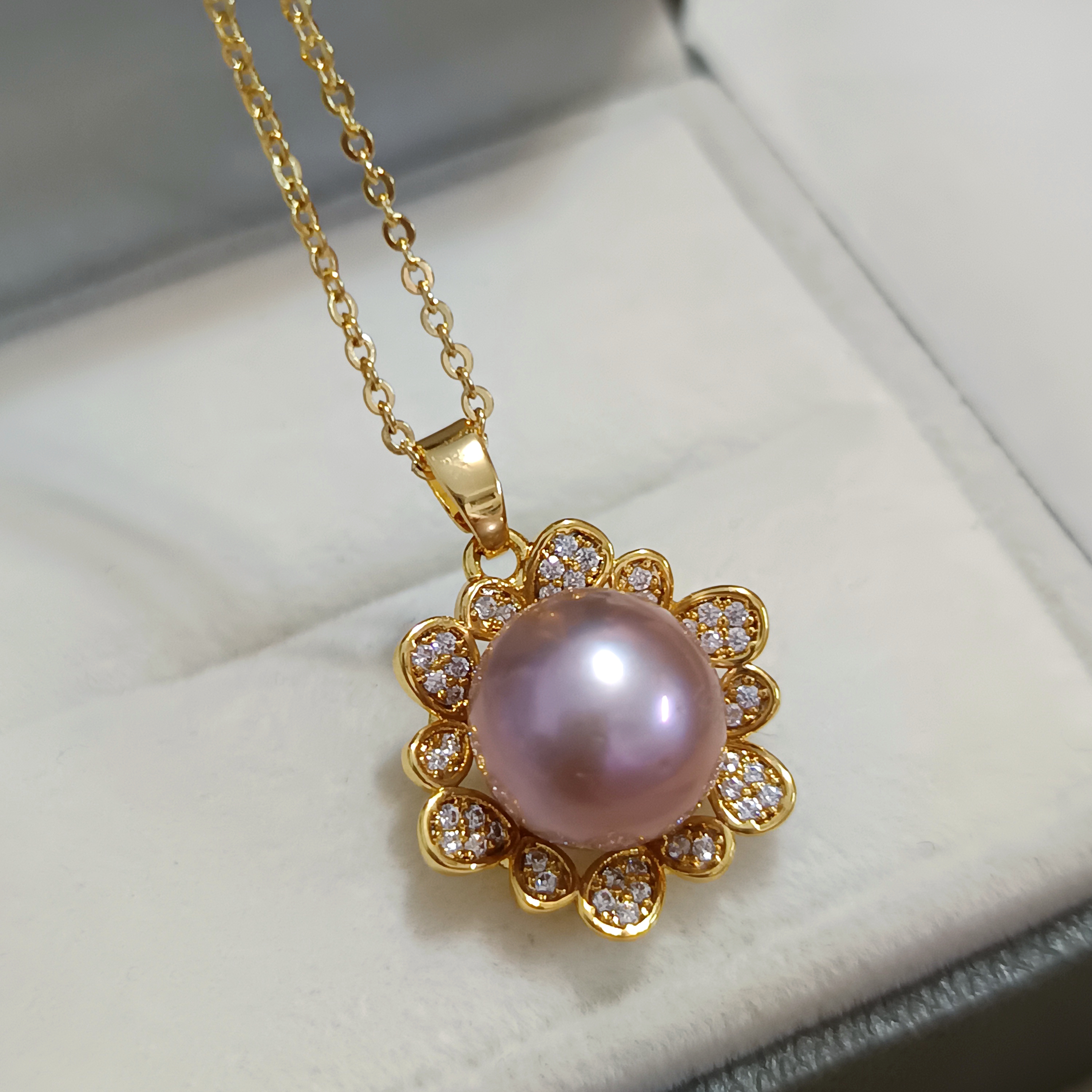 🎉99特惠精品🎉正圓強光淡水愛迪生紫珍珠注金鑲鋯石吊墜套鍊