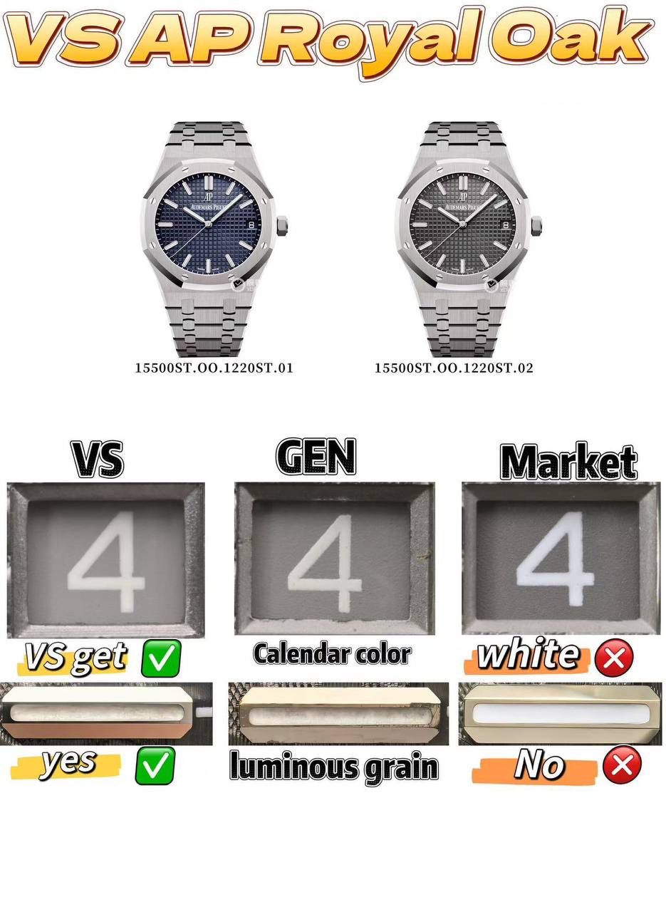 VS AP15500年度爆款丹东4302一体机芯（最新陶瓷滚珠轴承版）预售！ 1️⃣ 丹东4302一体机芯按最新原版开发（陶瓷滚珠轴承） 2️⃣VS表盘棋盘方格纹理形状相似度提升至原版的95%以上 光泽细腻 3️⃣ 表带长度与原版一致23节（非市场24节） 4️⃣ VS头粒下垂与原版效果幅度一致（头粒下垂） 5️⃣VS精密度高，时针分针针头宽度与原版一致（非市场做太宽了） 6️⃣VS与原版一致夜光有颗粒感、日历字体暖黄色。 7️⃣钢带细节与原版一致，螺丝孔下沉，“AP”字脚像海狮脚 （具体看图）