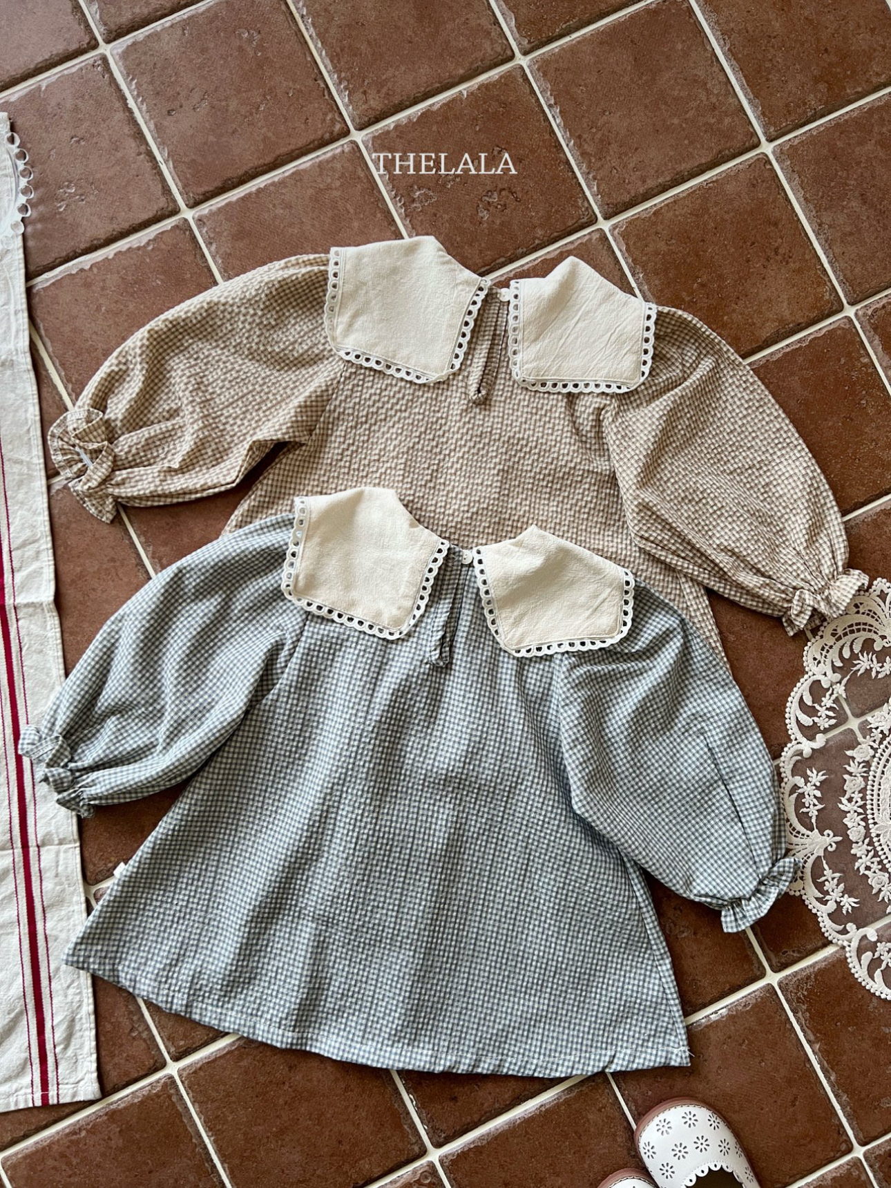 🌸預訂 韓國直送🌸🇰🇷THELALA兩色花卉刺繡方形翻領格紋長袖連身裙