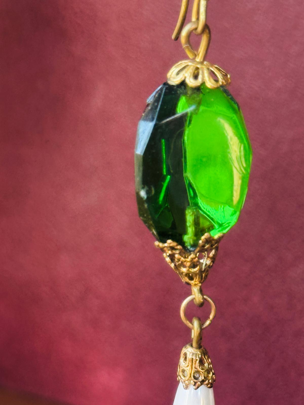 Vintage Recomposed New Old Stock Czech Green Glass Hook Earrings((NZ130)
