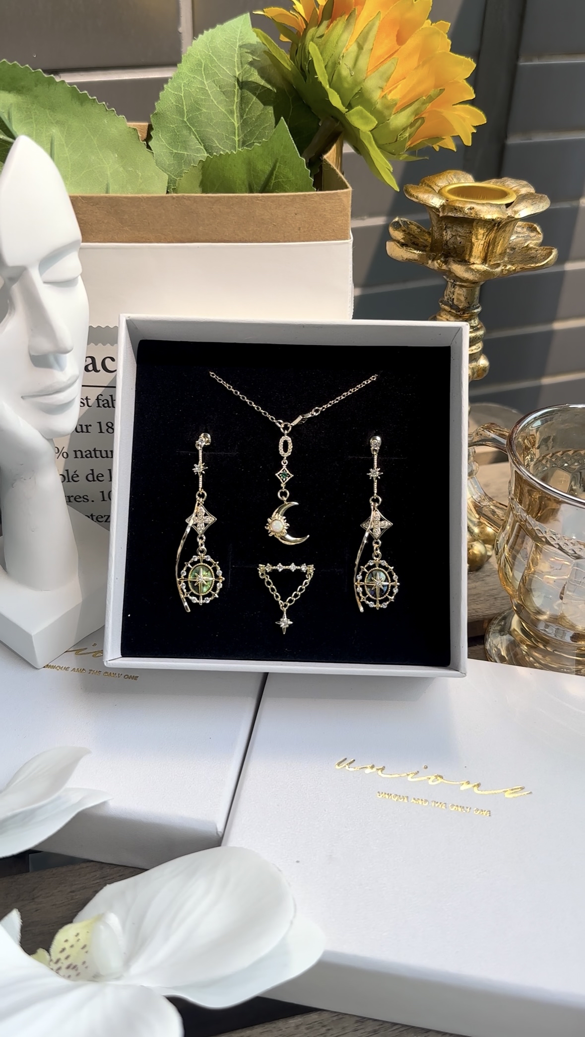  |組合裝| 貝殼幻光星耳環🐚+月光頸鍊✨+鑽戒星💍