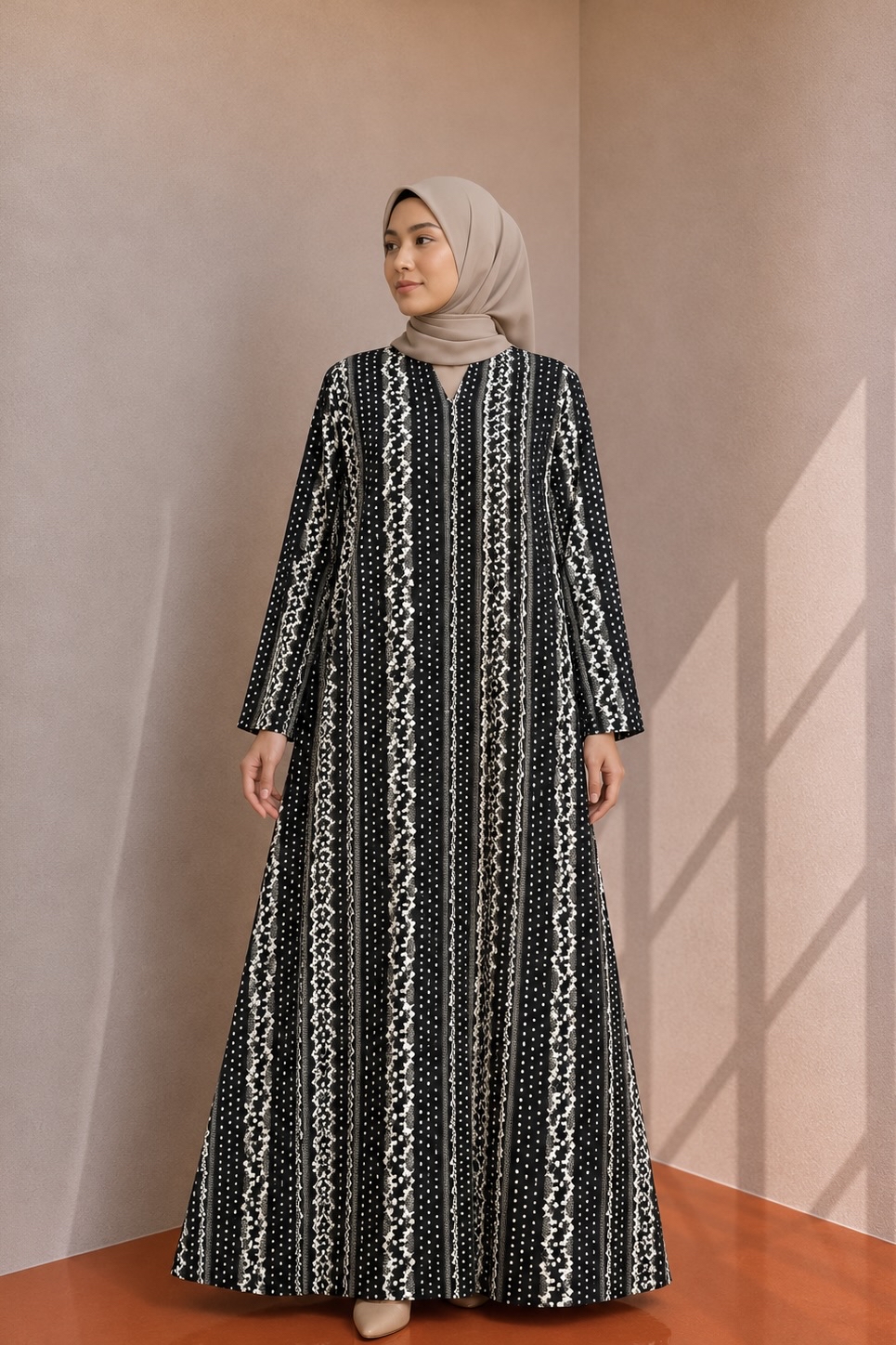Linen Flower Stripe Dress - Black