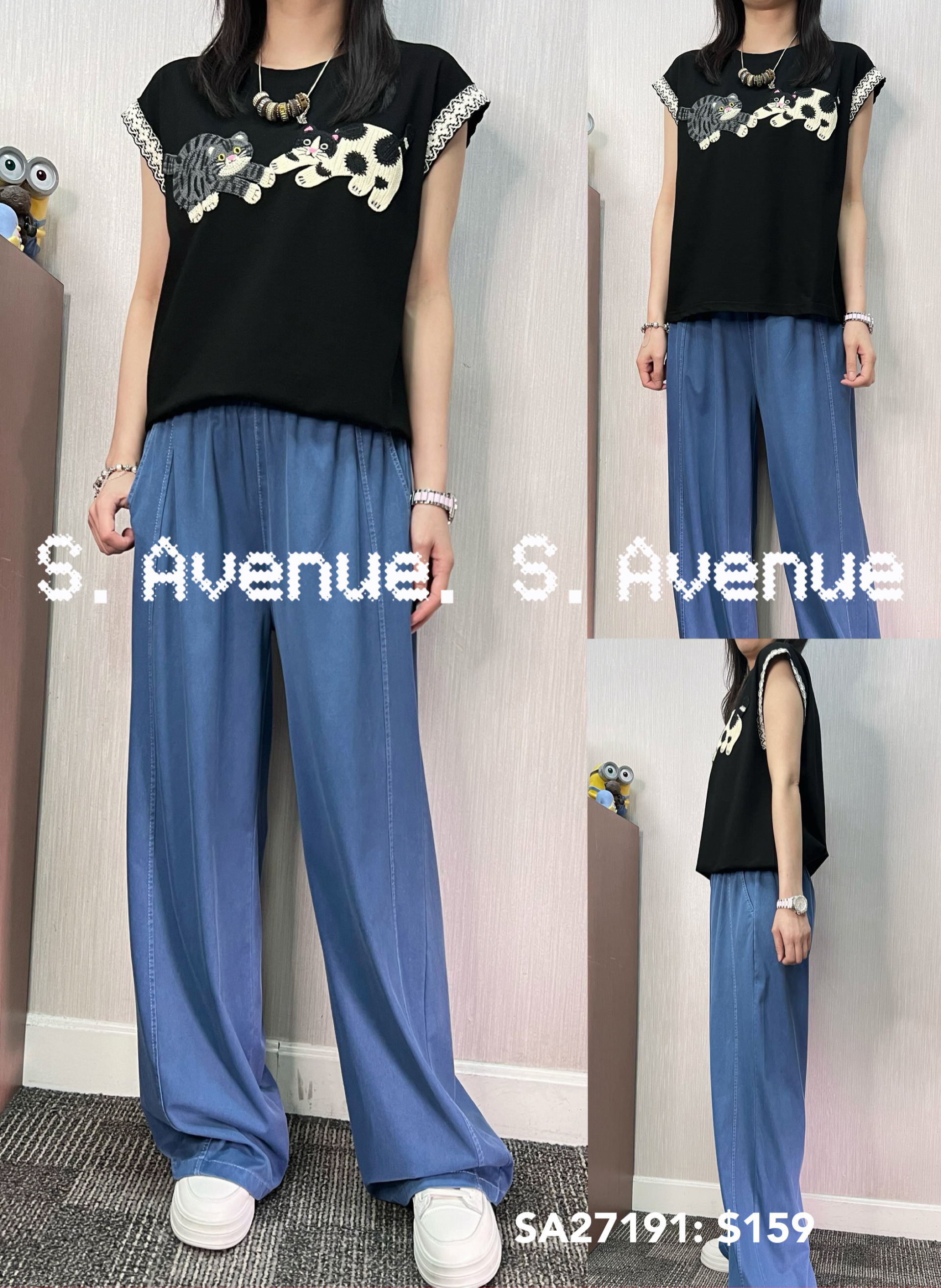 SA27191: 短袖繡貓貓繡袖邊tee