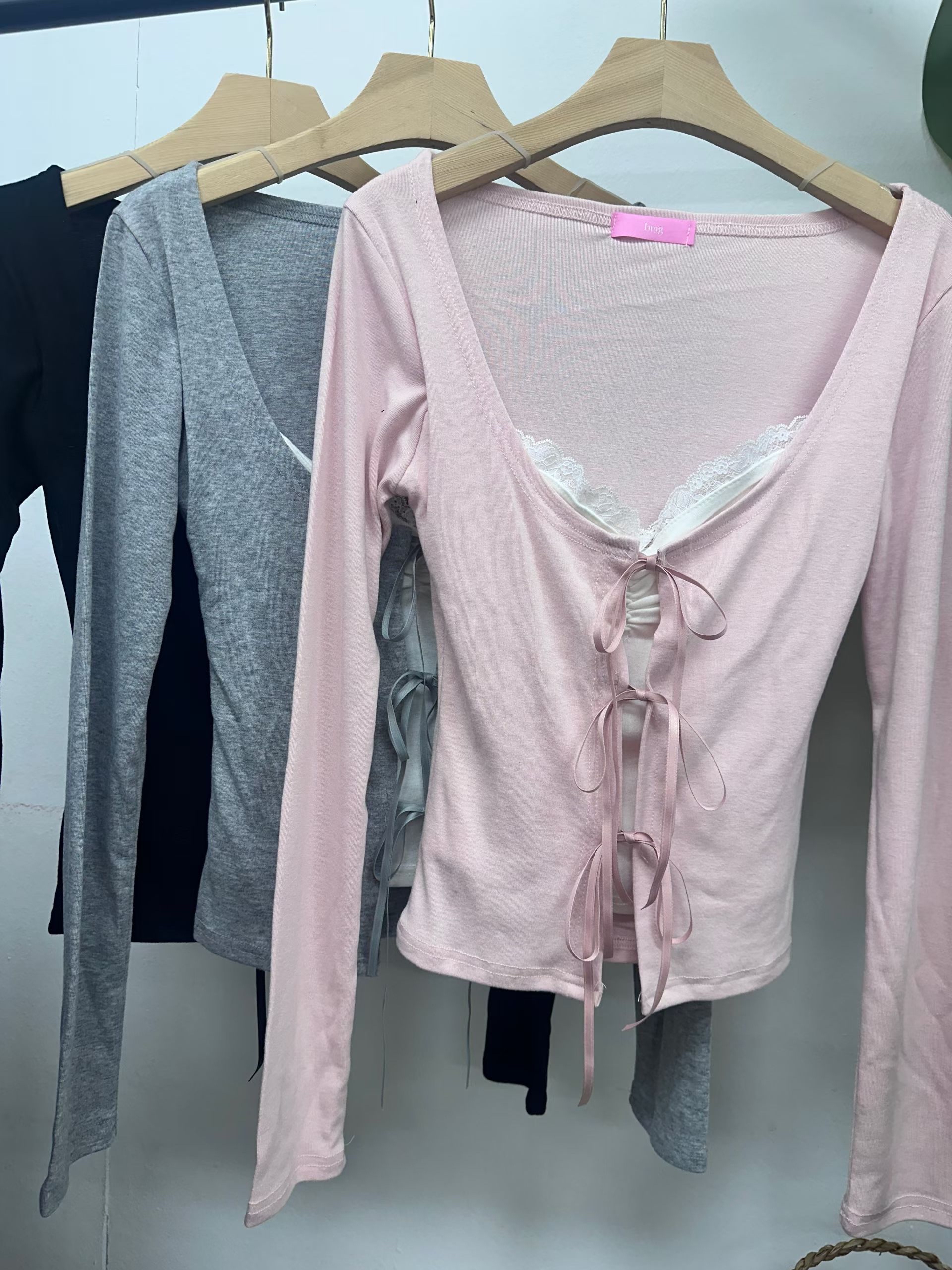 韓國少女感雙綁帶lacy邊邊薄top