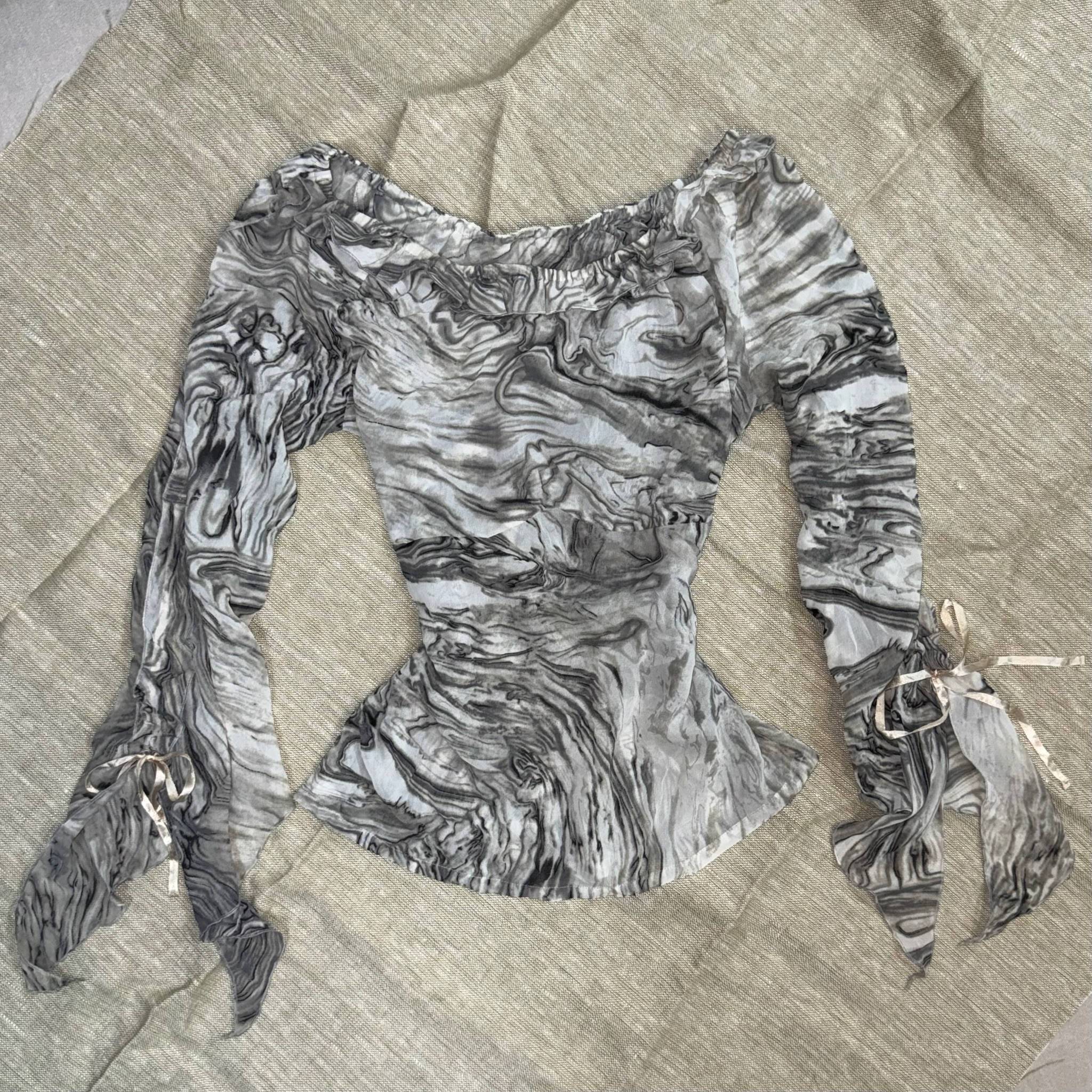 Marble Print Mesh Peplum Blouse