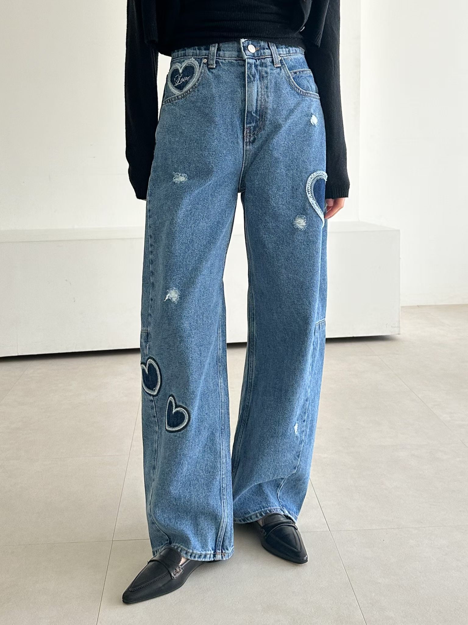 心心刺繡牛仔褲