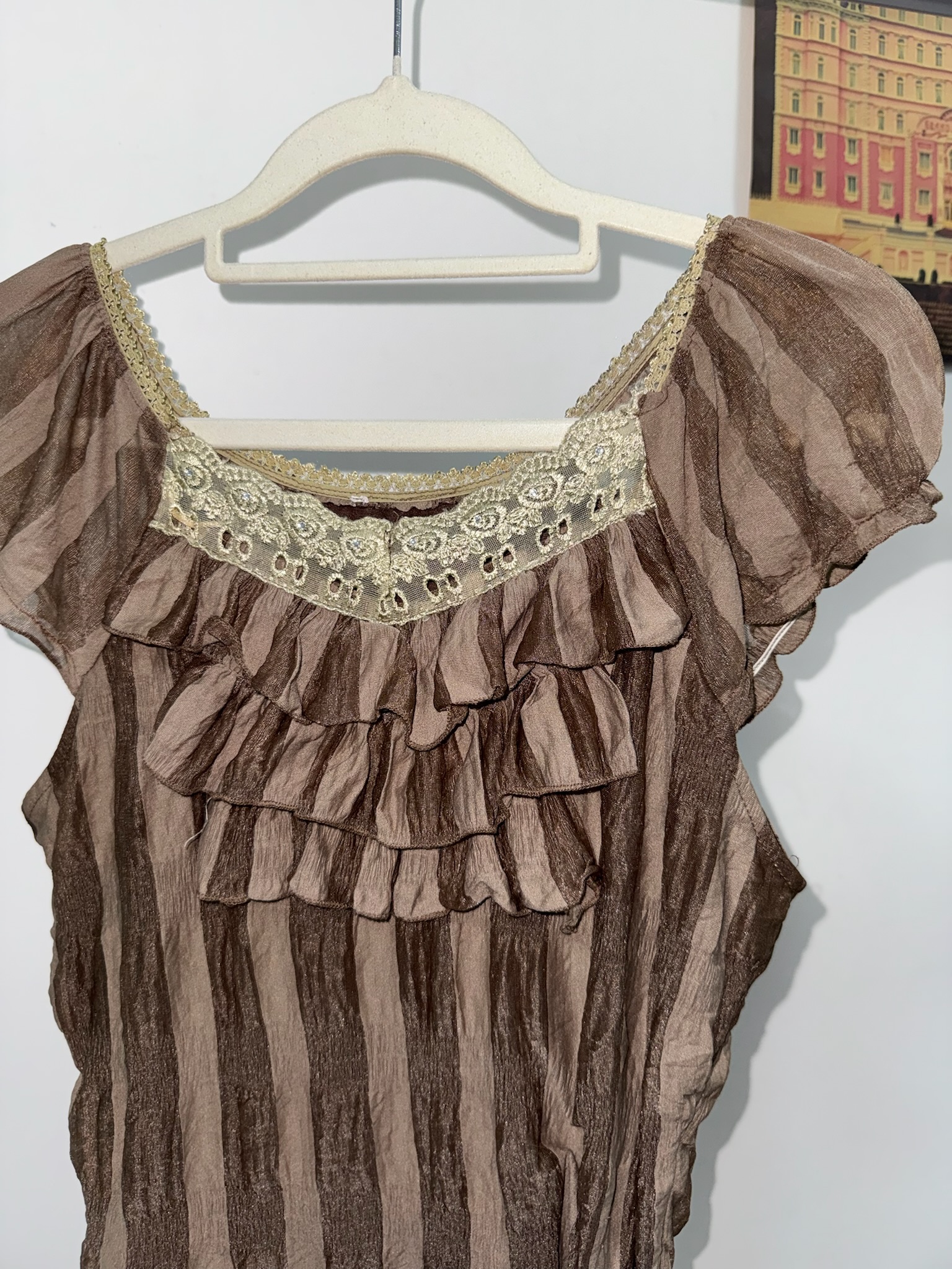 Vintage Brown Tiered Chest Ruffles Striped Crinkled Blouse