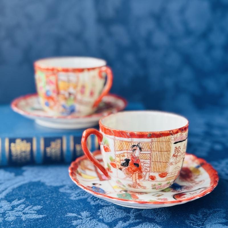 Vintage Pre-1950s Egg-Shell Quality Hand-Painted Japanese Tea Set Pair – Elegant Kimono-Clad Ladies in Traditional Home Scenes(MT2033)