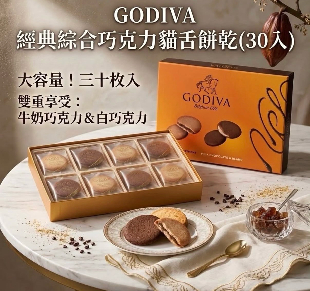 【日本Costco GODIVA 歌帝梵 巧克力貓舌曲奇餅乾禮盒 30入 】