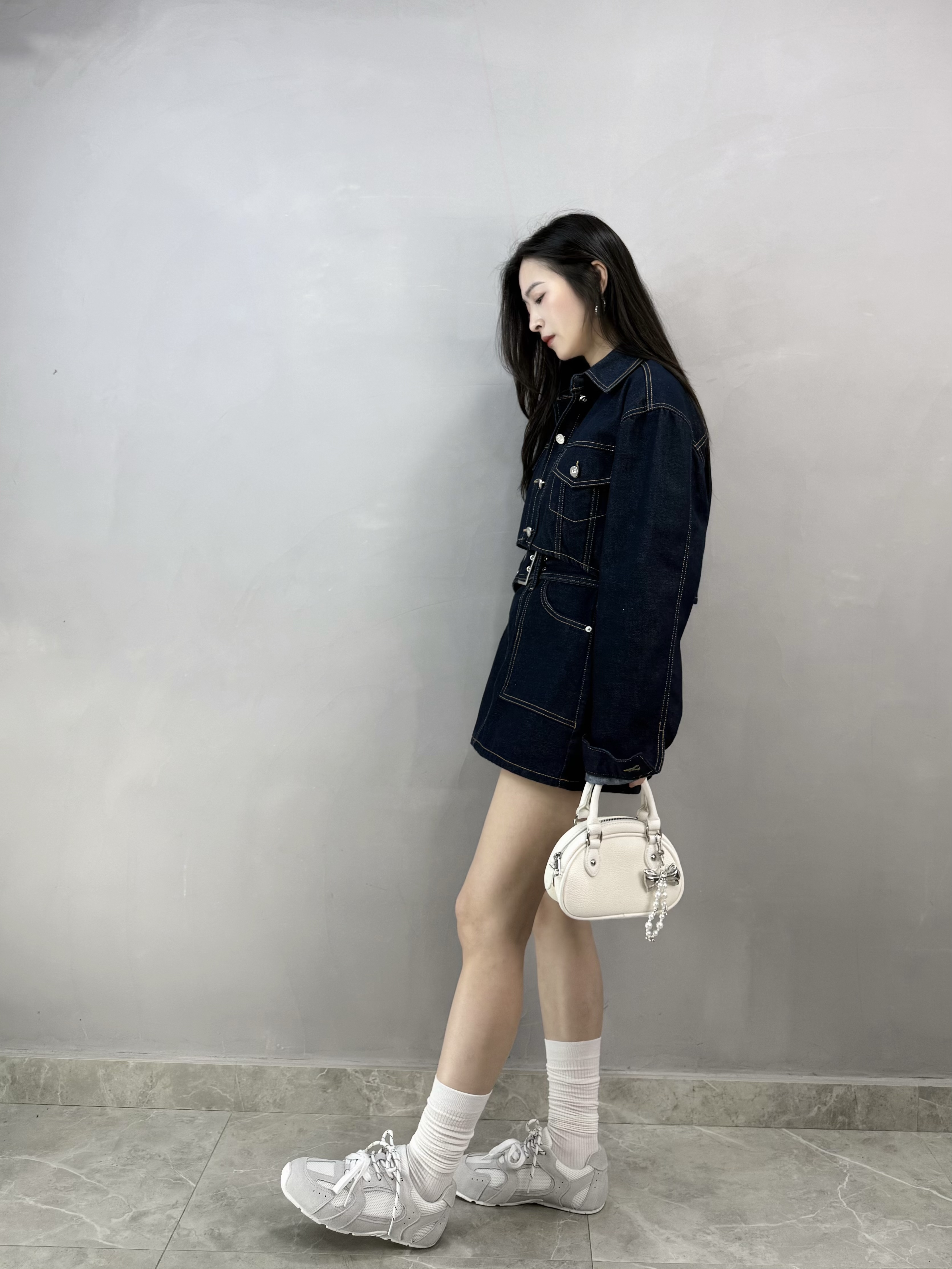 J86 車明線原色短牛仔裙褲