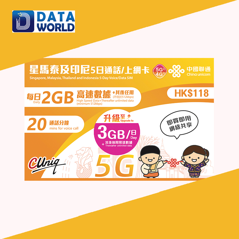 中國聯通 5G/4G $118 星馬泰及印尼5日無限上網+20分鐘通話