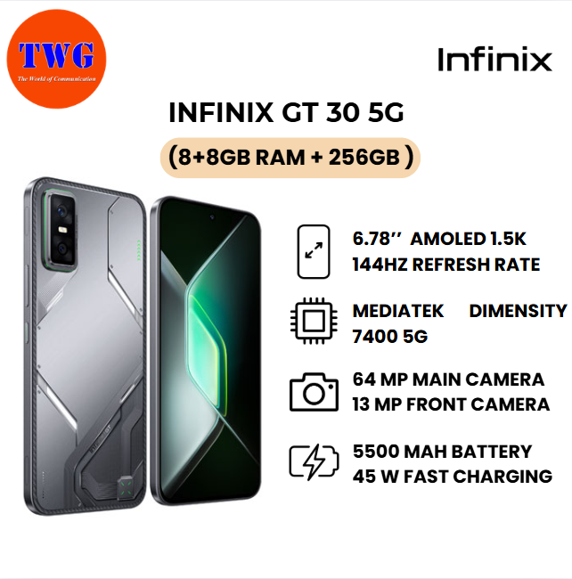 INFINIX GT 30 5G (8+8gb ram + 256GB ) 100% ORIGINAL MALAYSIA BRAND NEW, free gaming kit and phone case 