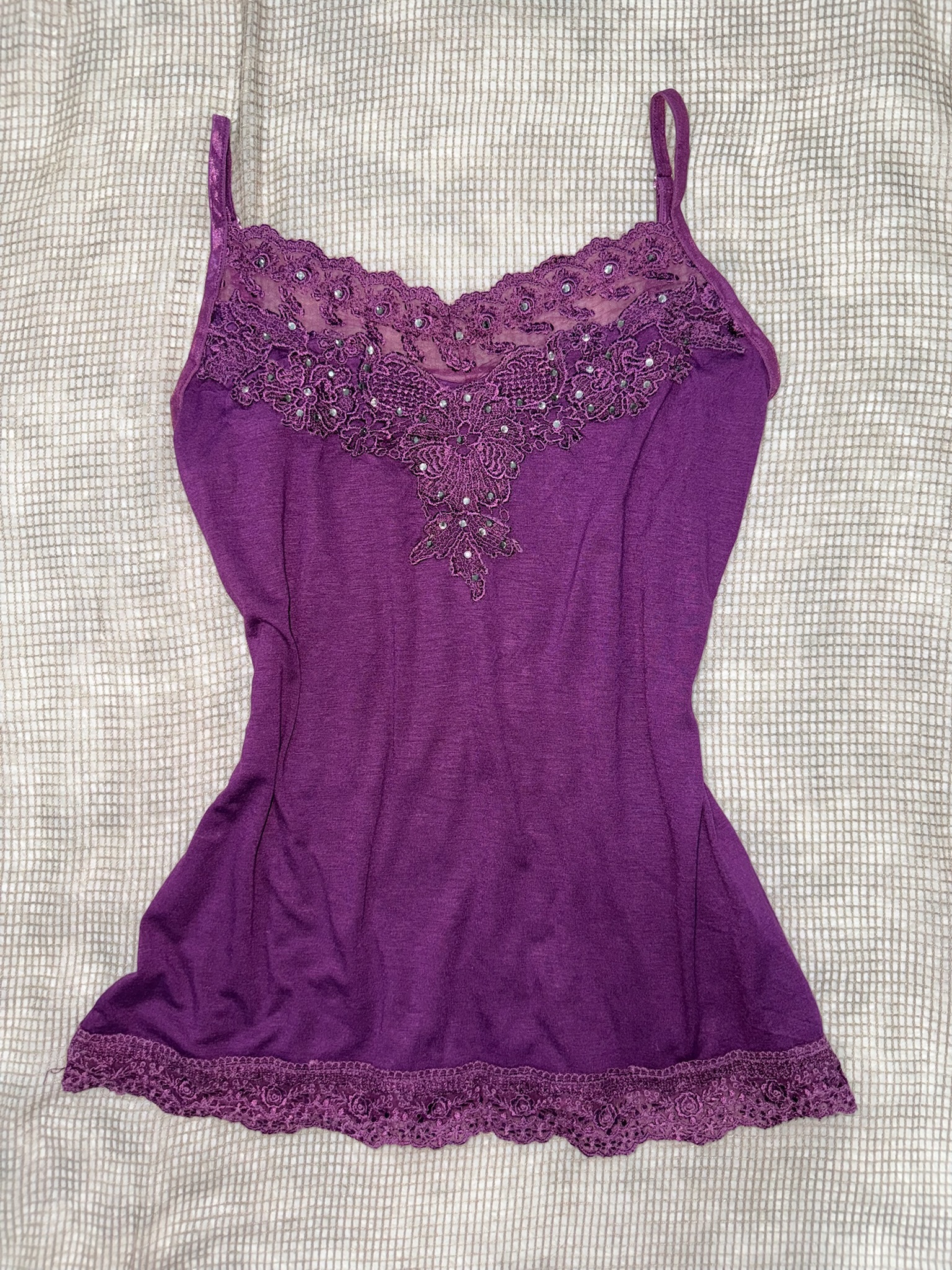 Purple Rhinestone Embroidered Lace Cami