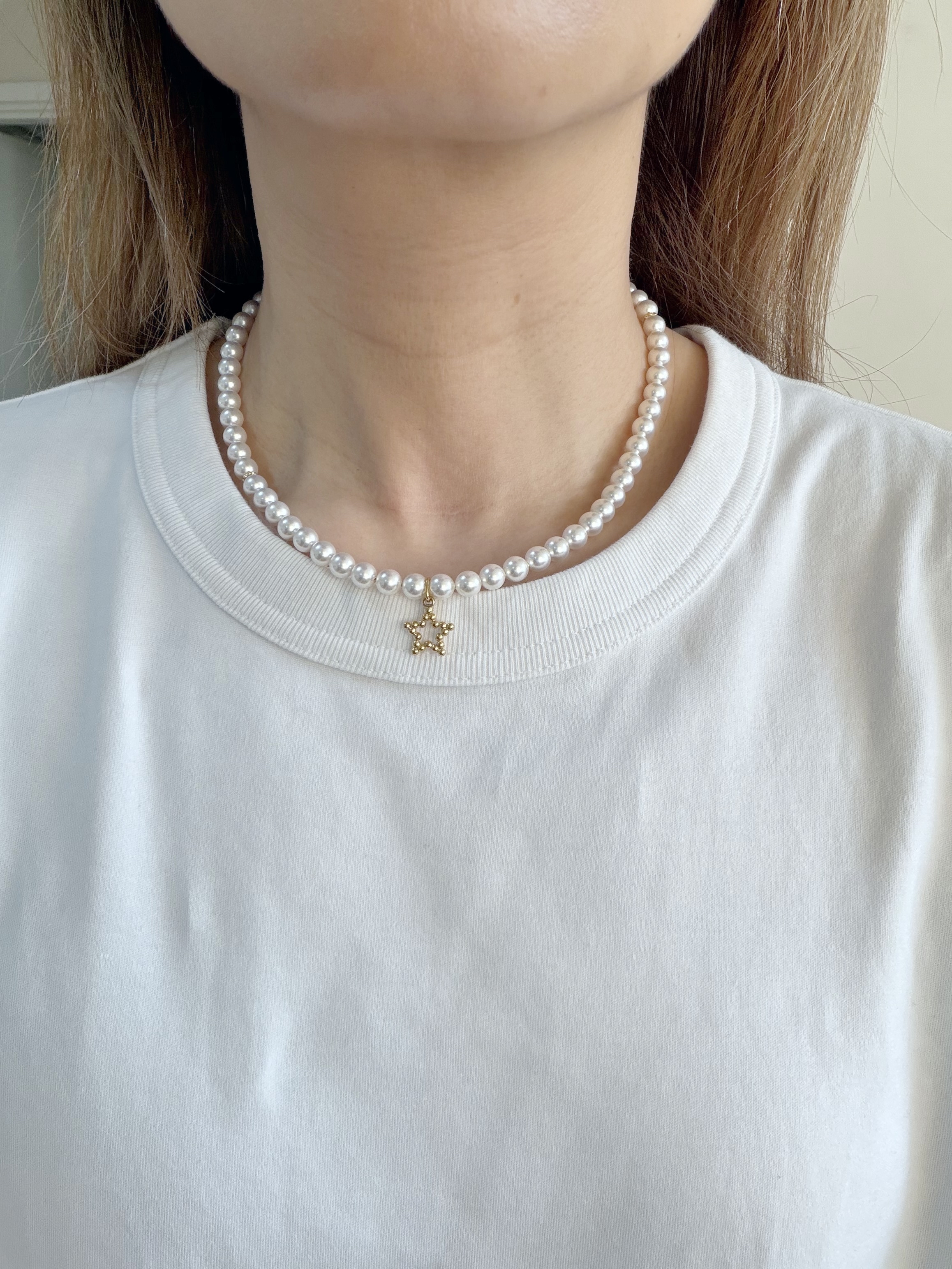 簡約星鑽珍珠頸鍊/6mm米白珍珠