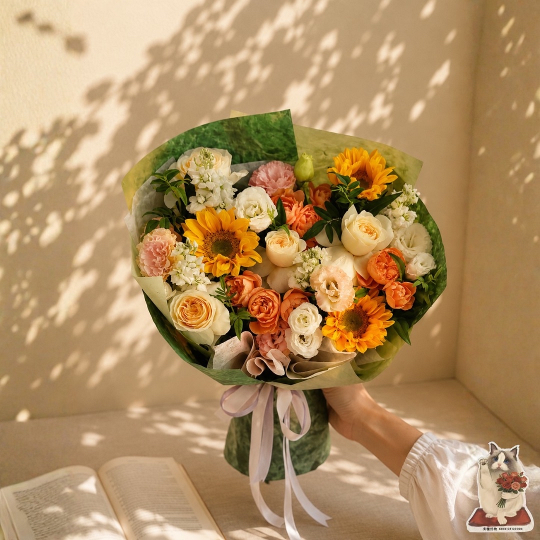 森林微風｜向日葵香檳玫瑰自然花束
