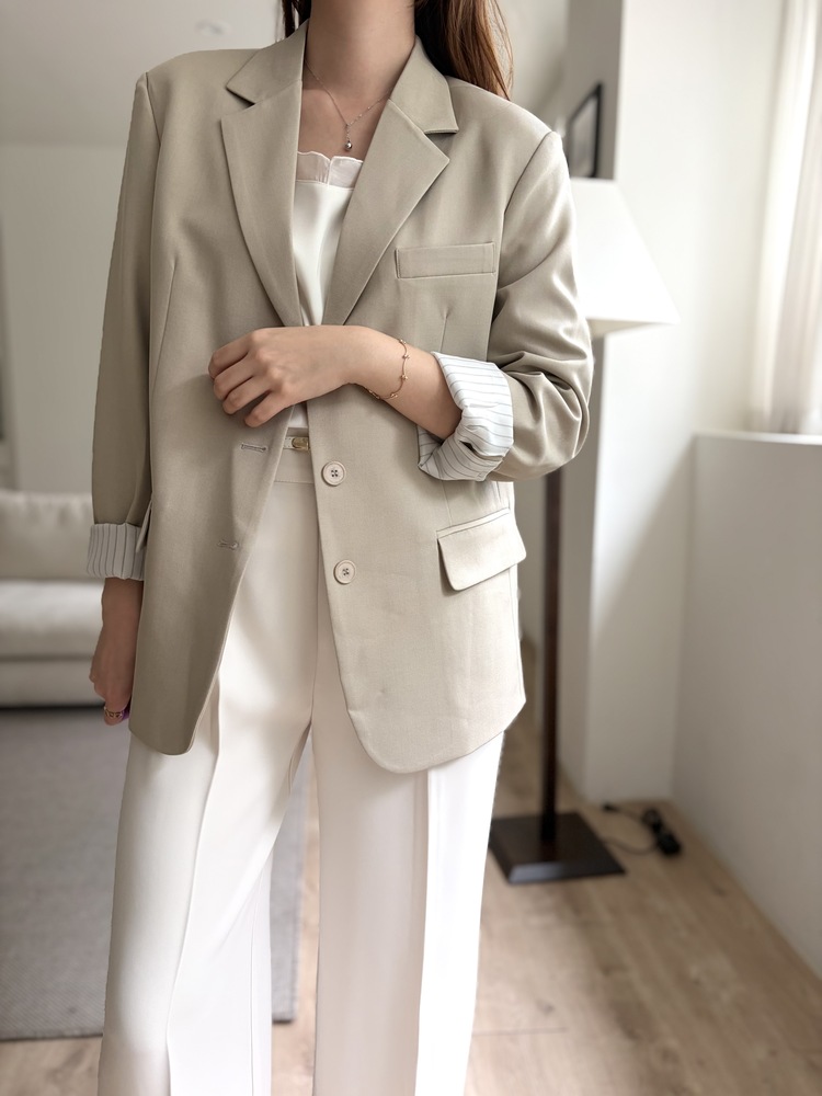 Margot Blazer with Striped Cuffs (Beige)