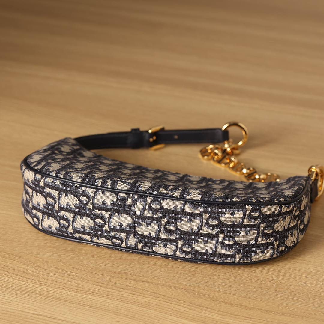 CD LOUNGE 手袋蓝色 Oblique 印花👜✨ 独家渠道货 独家腋下包老花 尺寸：26 x 15 x 5.5 厘米 这款 CD Lounge 手袋是2023夏季新品，彰显 Dior 的现代审美与高订风范。 采用蓝色 Oblique 印花面料精心制作，突显 Dior 经典图案。 经典链条与皮革搭配，交替饰以金色饰面金属和同色调珐琅链环，可折叠设计，可肩背或手提。 拉链开合搭配 CD 拉链头 可调节肩带，链条部分由金色饰面金属和与皮革同色调的珐琅 CD 链环组成，搭配皮革带 内含防尘袋