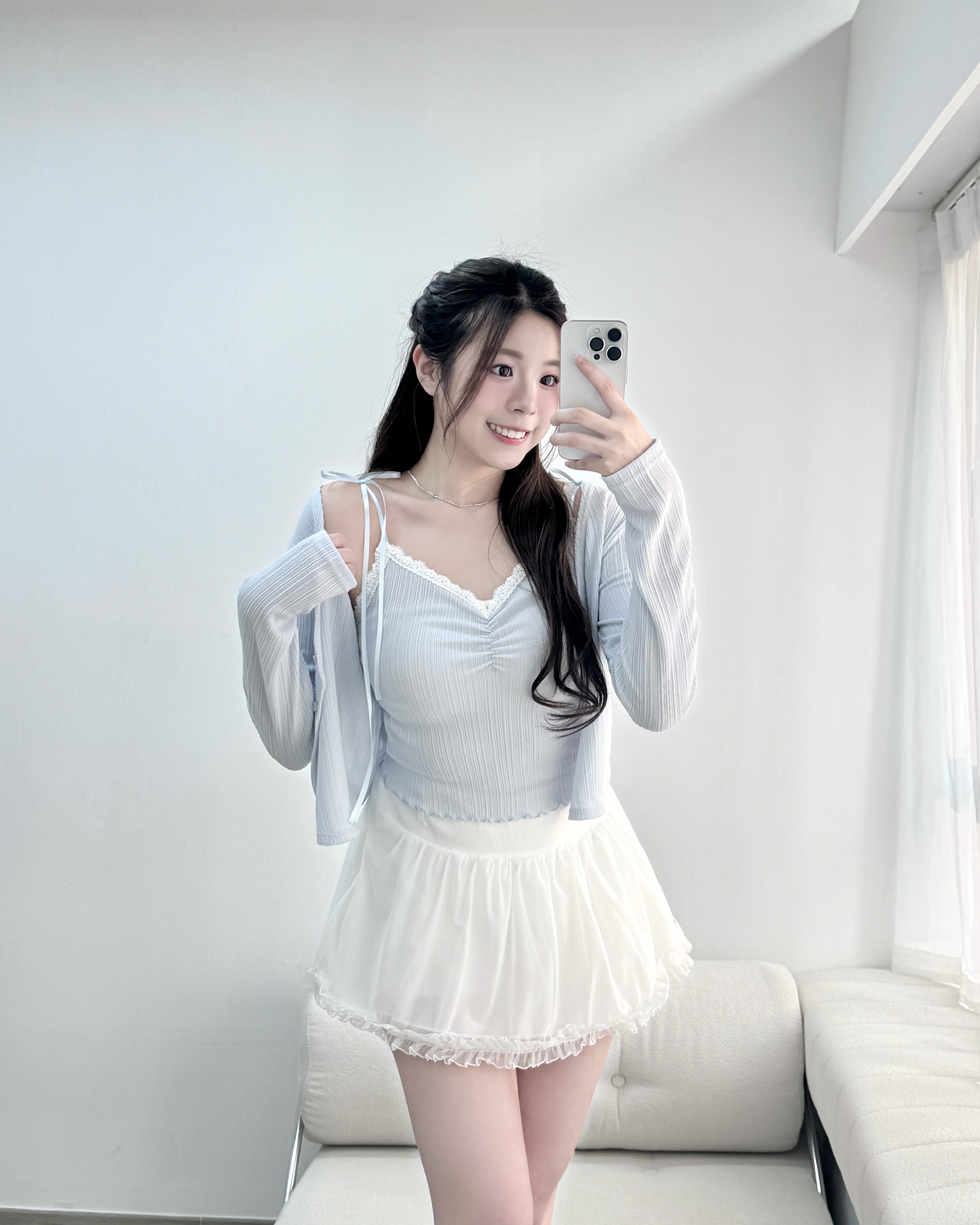 【 🫧 ♪ 今期推薦！冰藍色🧊～極致芭蕾舞院風🩵皺褶心形領絲帶背心 + 超修身直紋兩穿外套˚ʚɞ 】 Blue Valentine Cardigan Top Set(四色入)