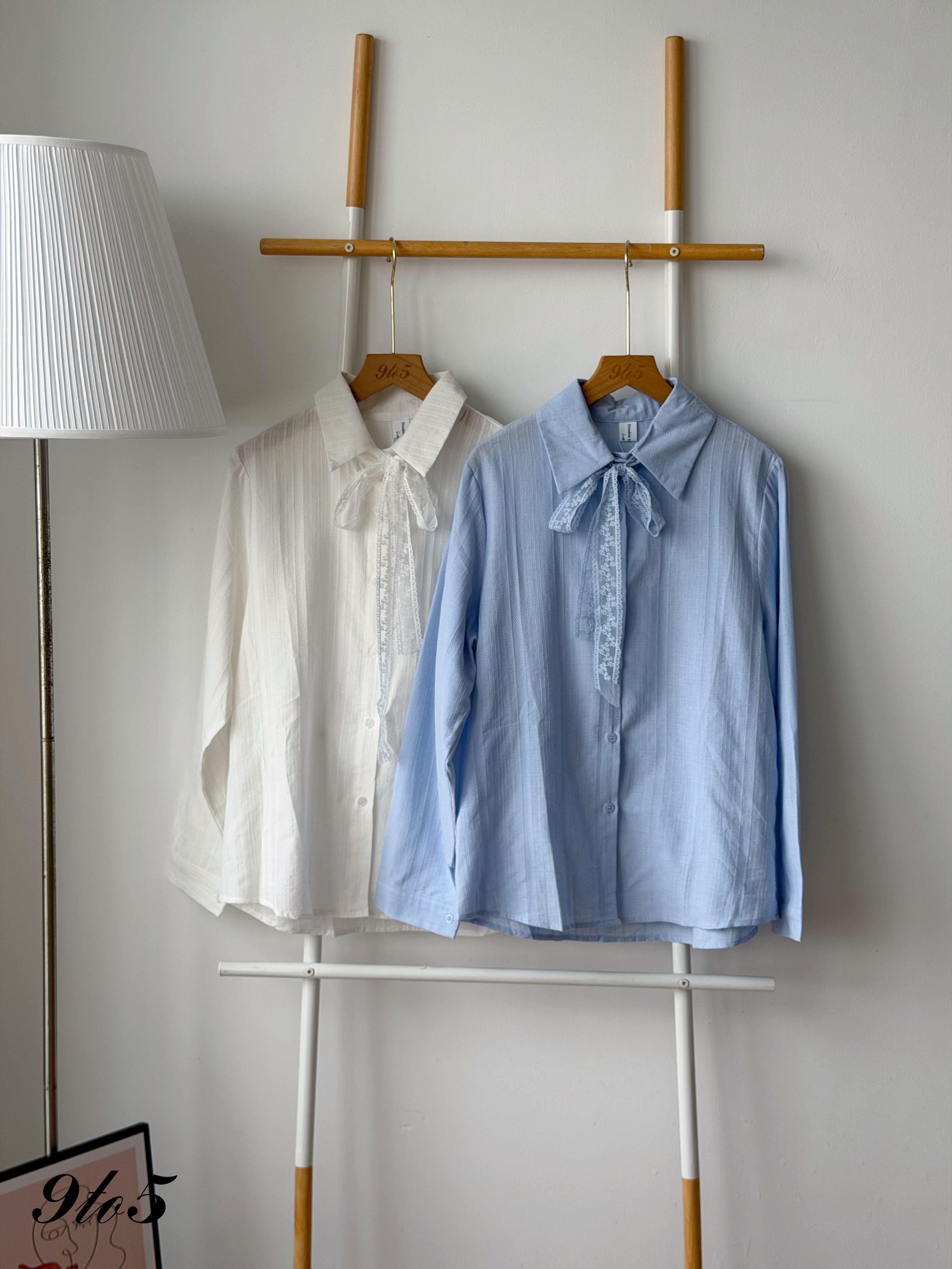 T4496 Lace Tie-Neck Collar Shirt - Blue & White 