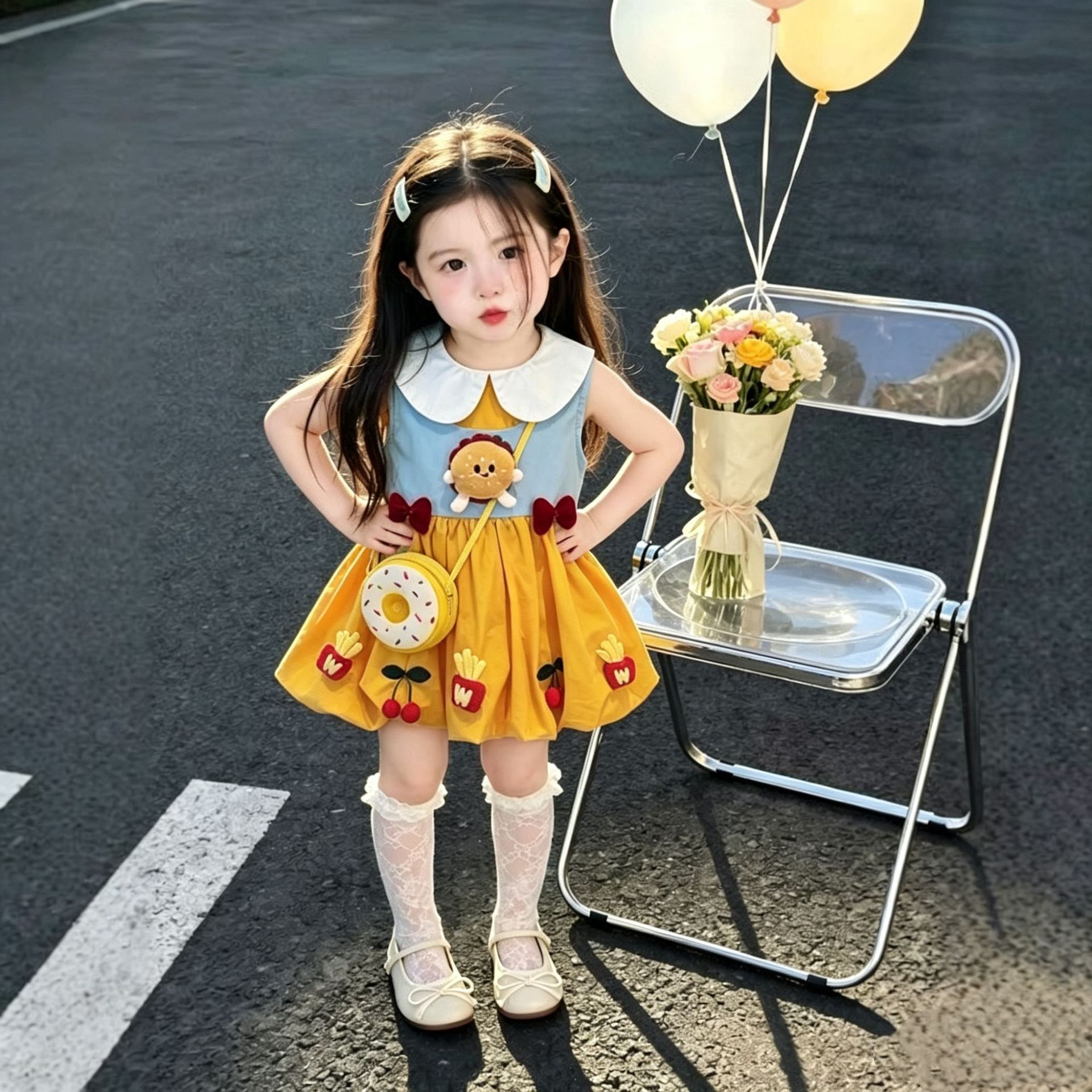 可愛漢堡包娃娃領背心連身裙