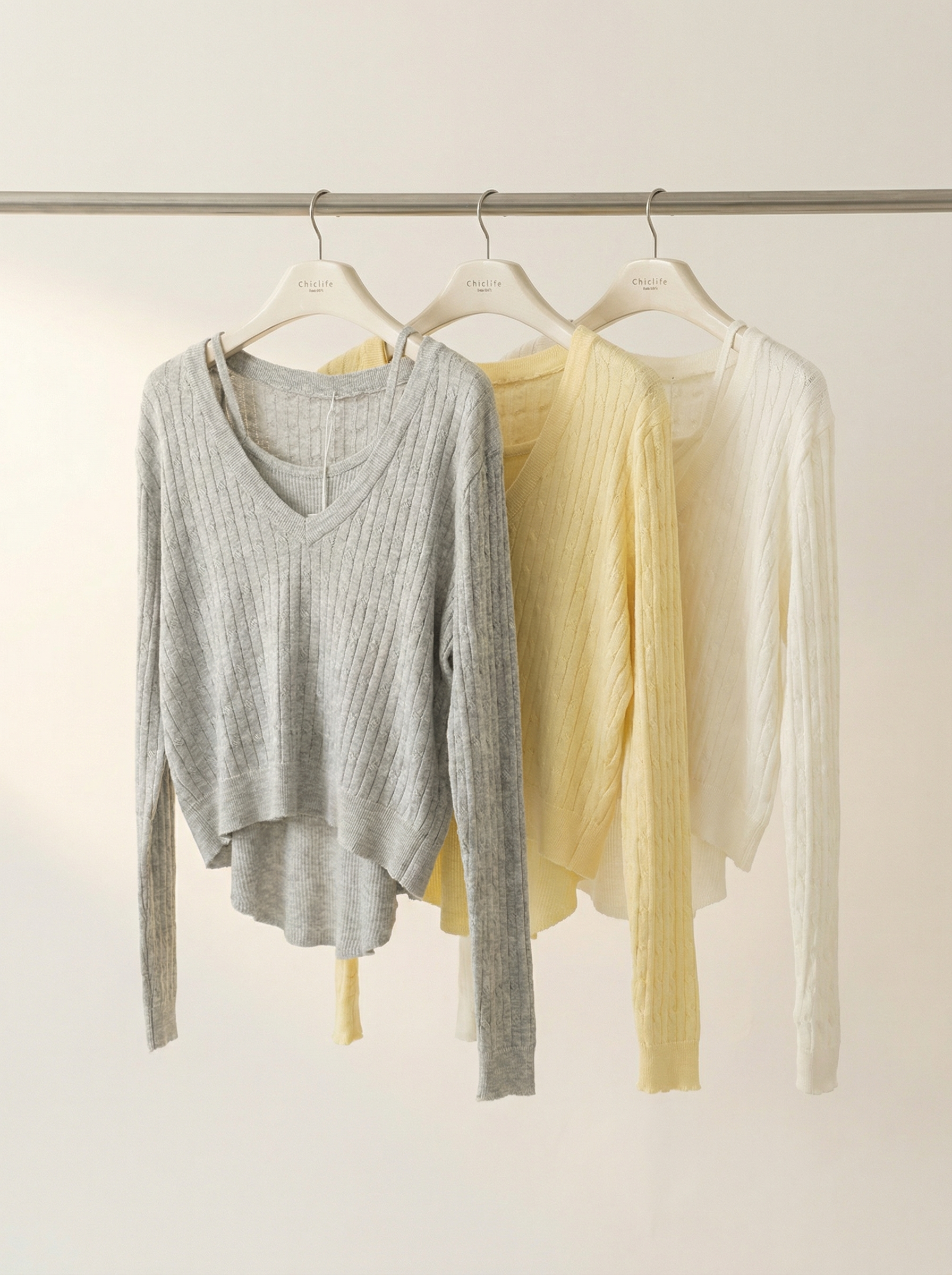 V領麻花針織短版套裝上衣