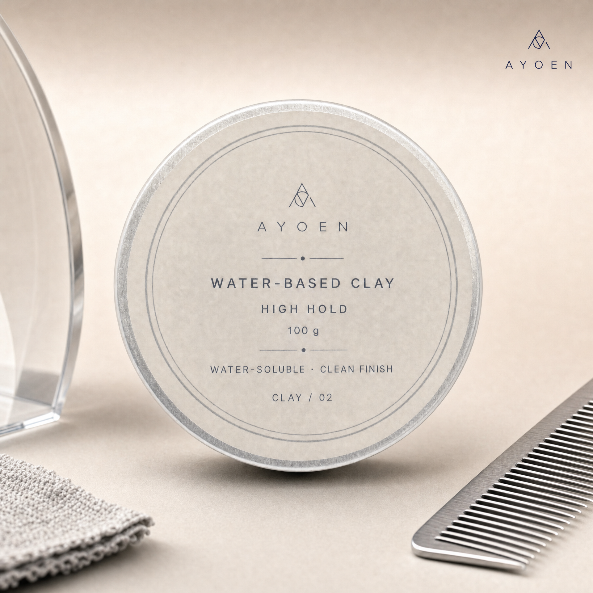 AYOEN 水基髮泥 Clay / 02｜高定型力・自然紋理 Water-Based Clay / 02 — High Hold, Textured Clean Finish 100g 
