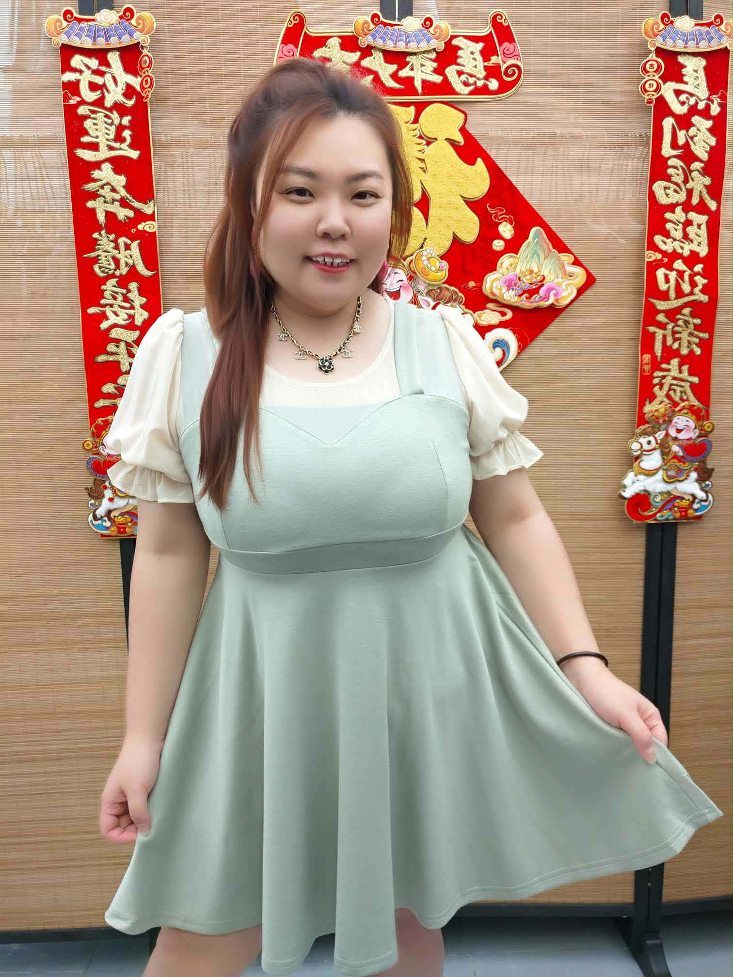 DDI06 TW#5722 假两件泡泡袖连衣裙