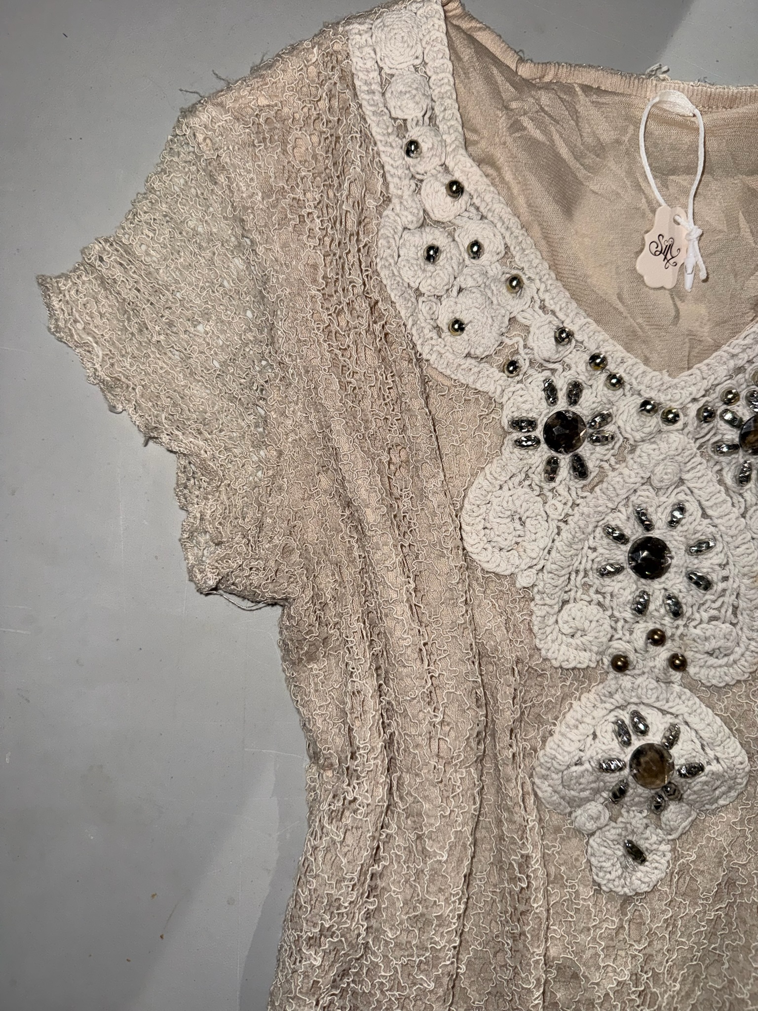 Gem-Embellished Crochet Neckline Crinkle Top