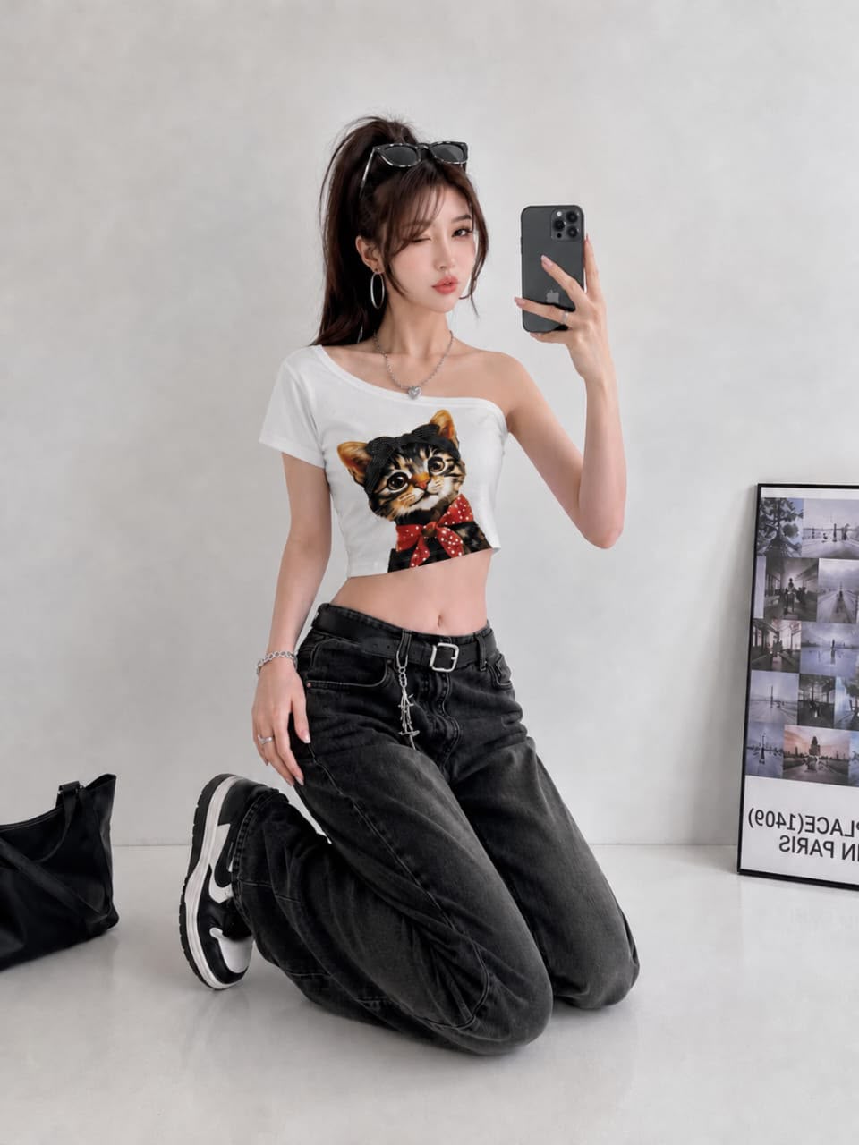 A100411 Korean Cat Print One Shoulder Crop Top