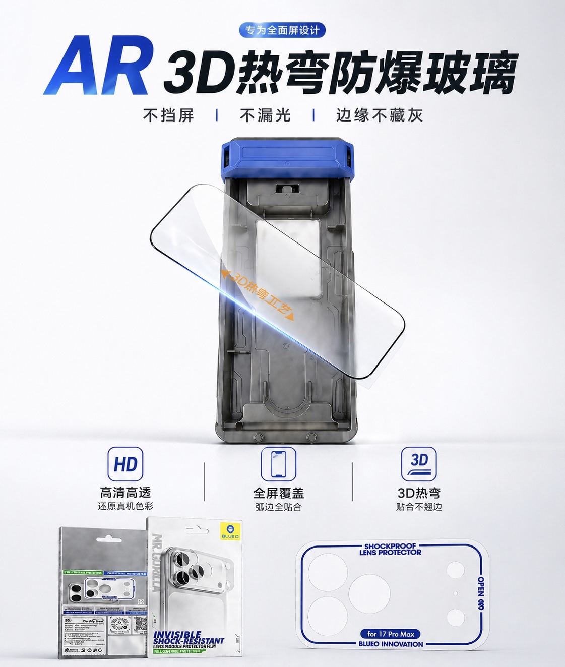 完整防护套装｜AR 3D热弯防爆玻璃 + 磨砂镜头底座