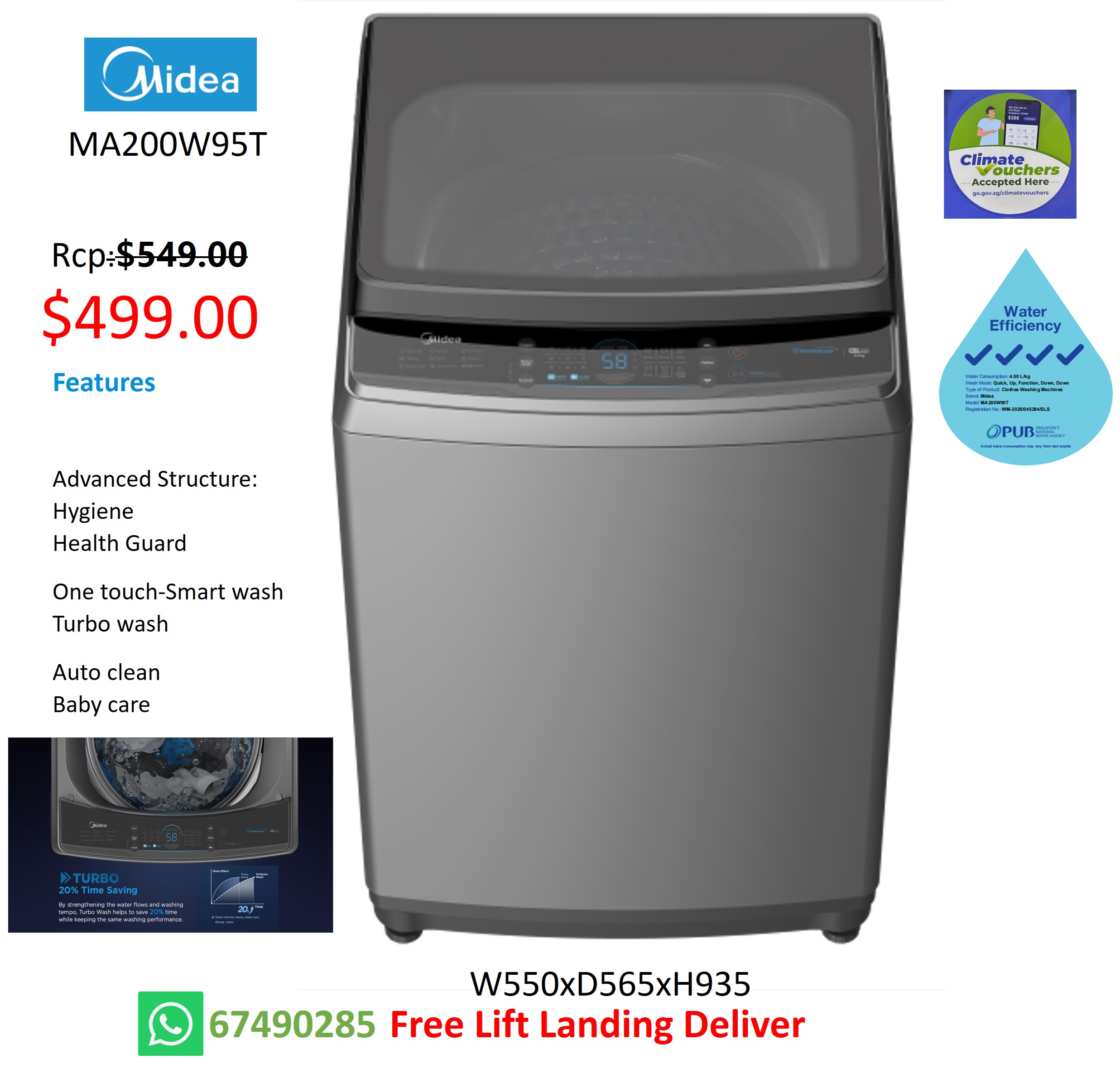Midea 9.5KG Top Load Washer MA200W95T