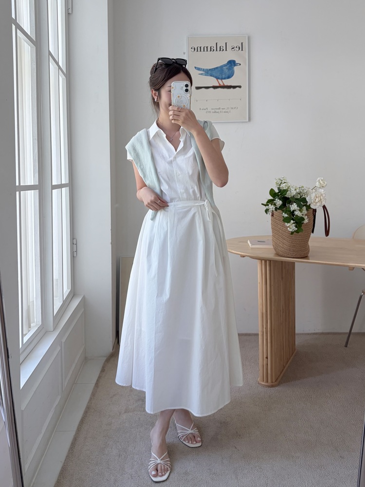 Elasticated Waist Shirt Dress (White)