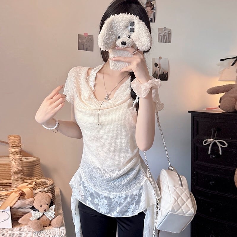 B162(9911) 法式甜美风全蕾丝挂脖设计感假两件飘带边黑杏上衣