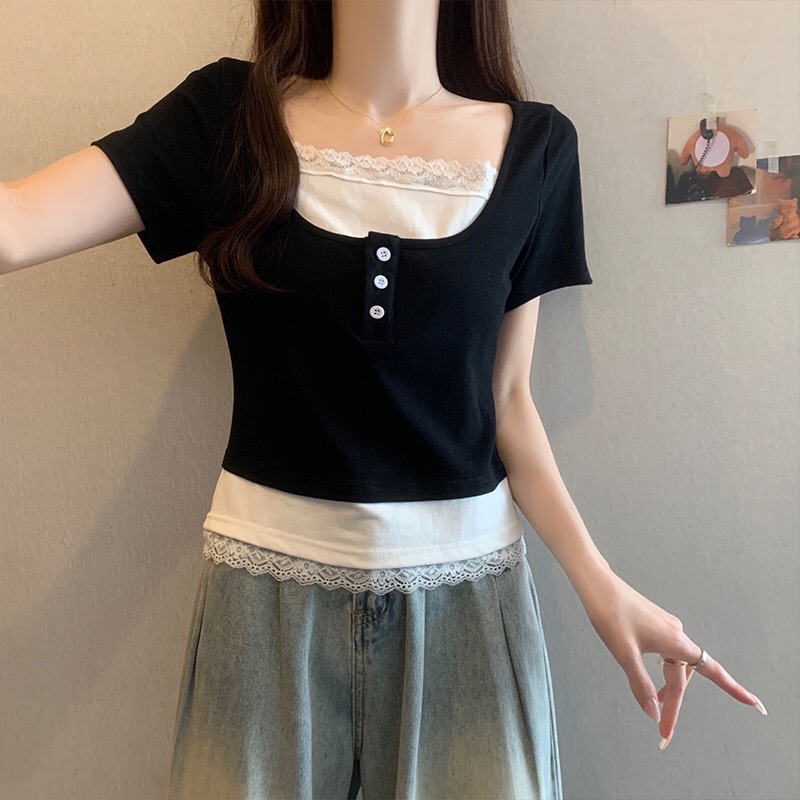 B272(16200) 韩系温柔风假两件拼里白蕾丝边小钮领显瘦黑上衣 