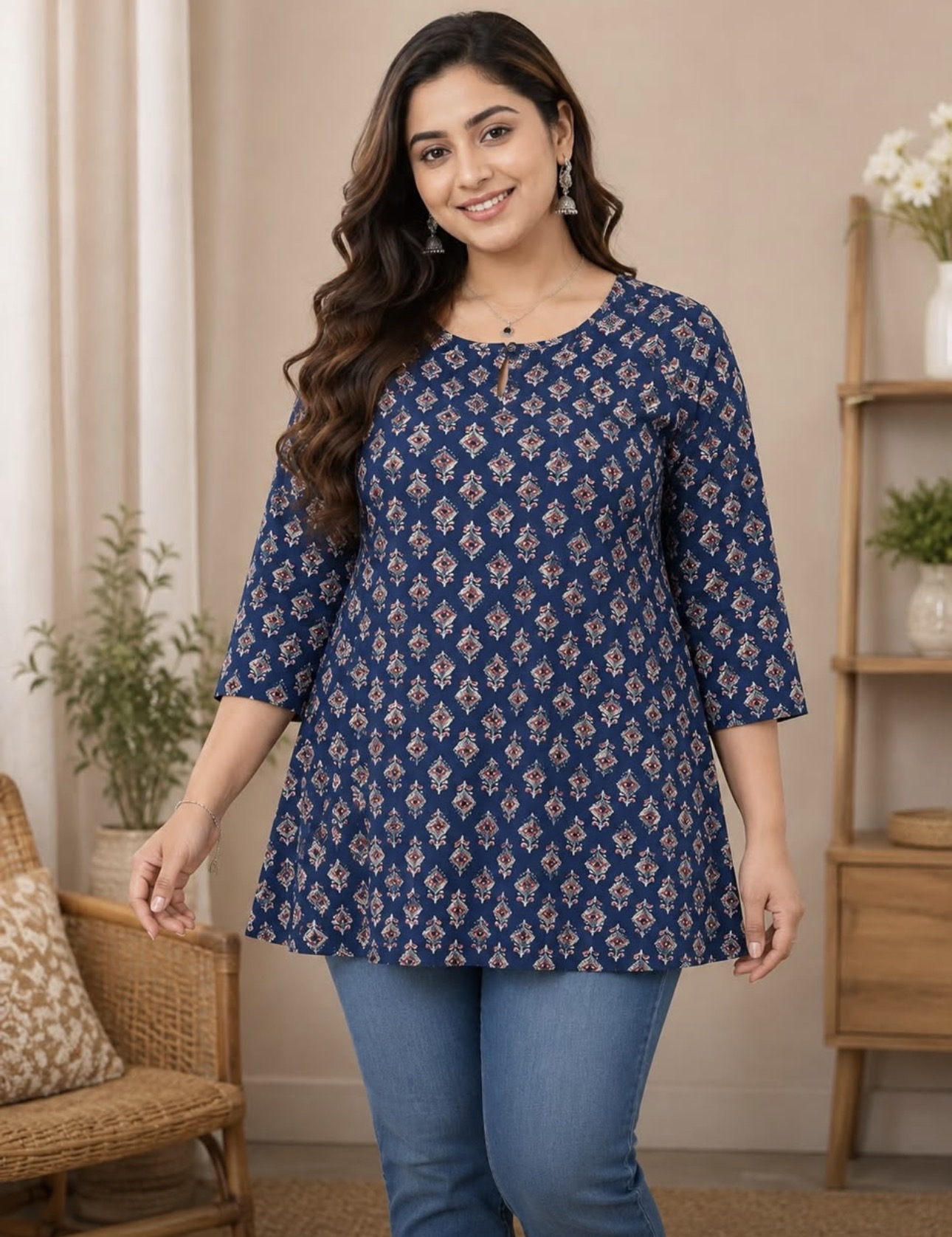 (Plus) Blue Flora Print Kurti 