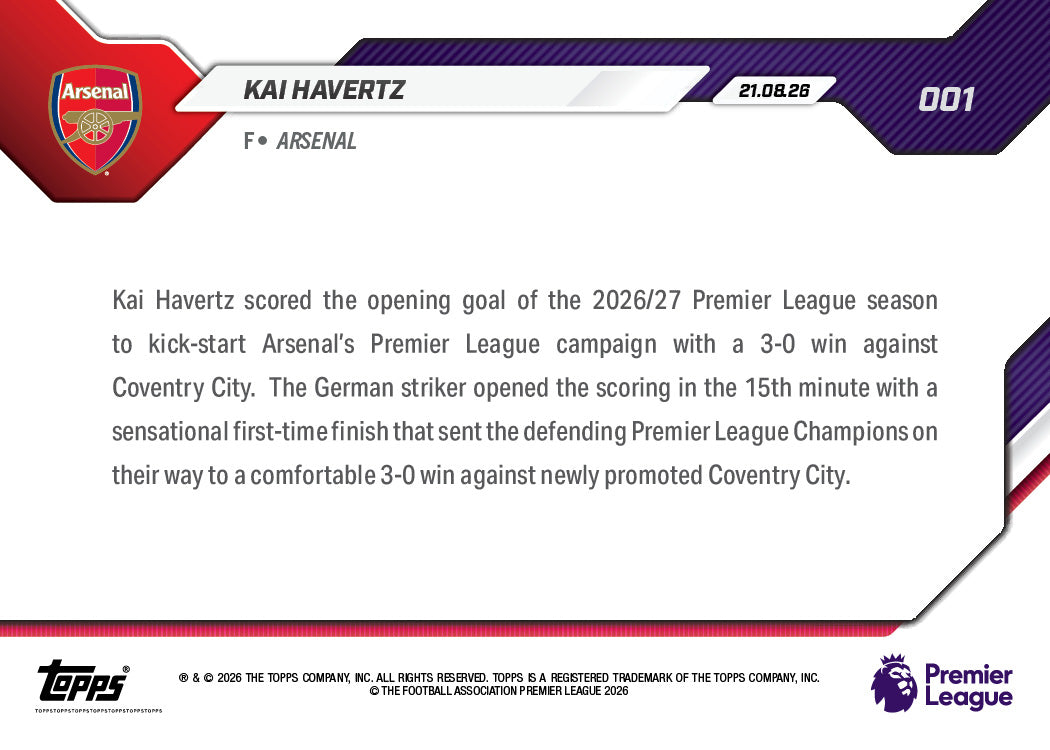 Kai Havertz - 2026/27 Premier League Topps NOW® #1 新季首球【團購】