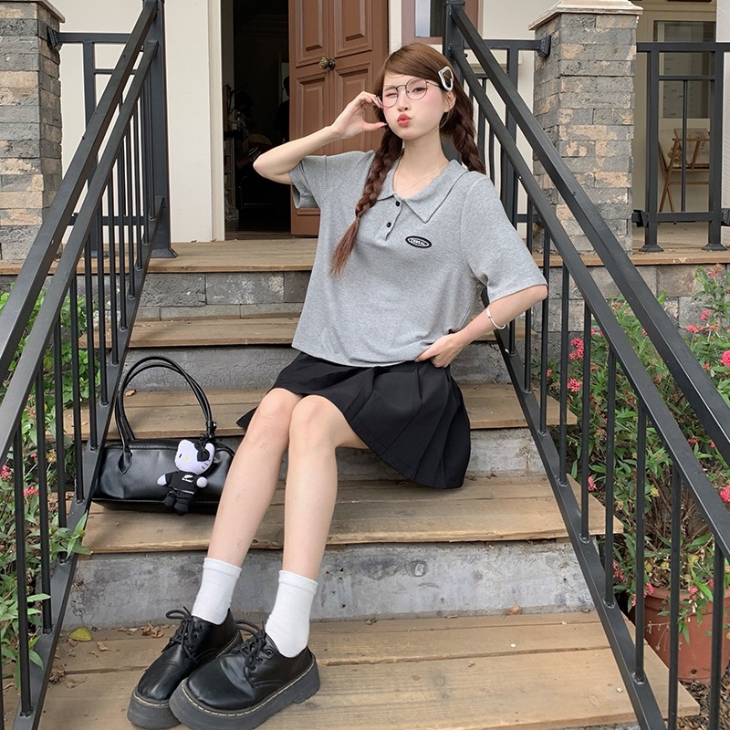 B260(8173衣) 美式复古POLO领椭圆标签灰上衣