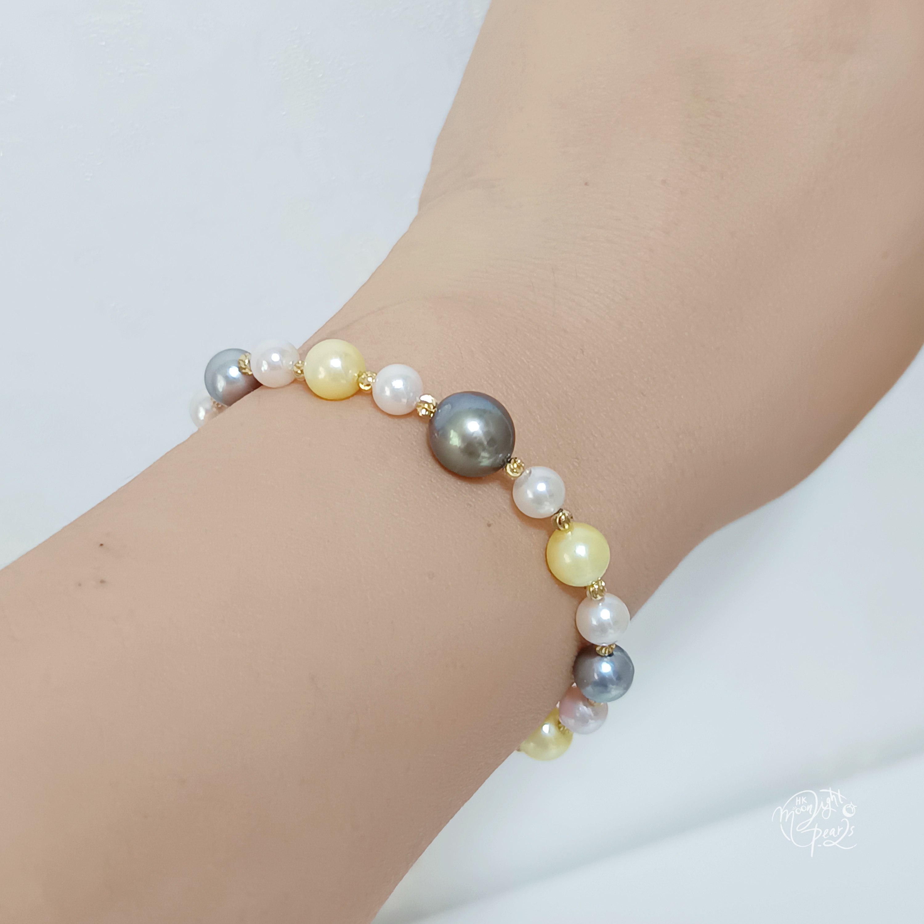 正圓極強光日本akoya 糖果色海水珍珠+大溪地海水珍珠注金尾鍊口手鍊