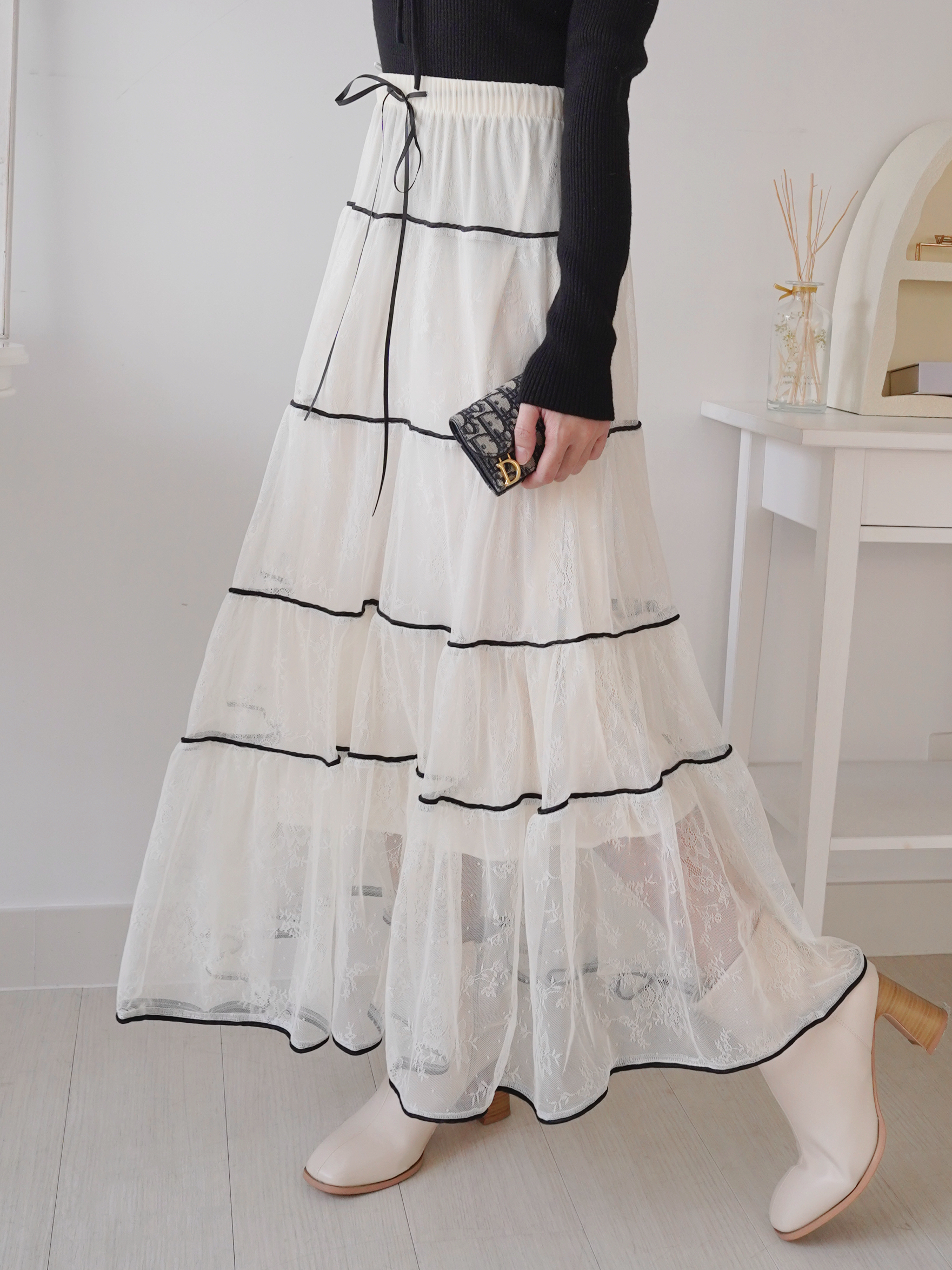 法式框線軟軟蕾絲長裙(KR)316882