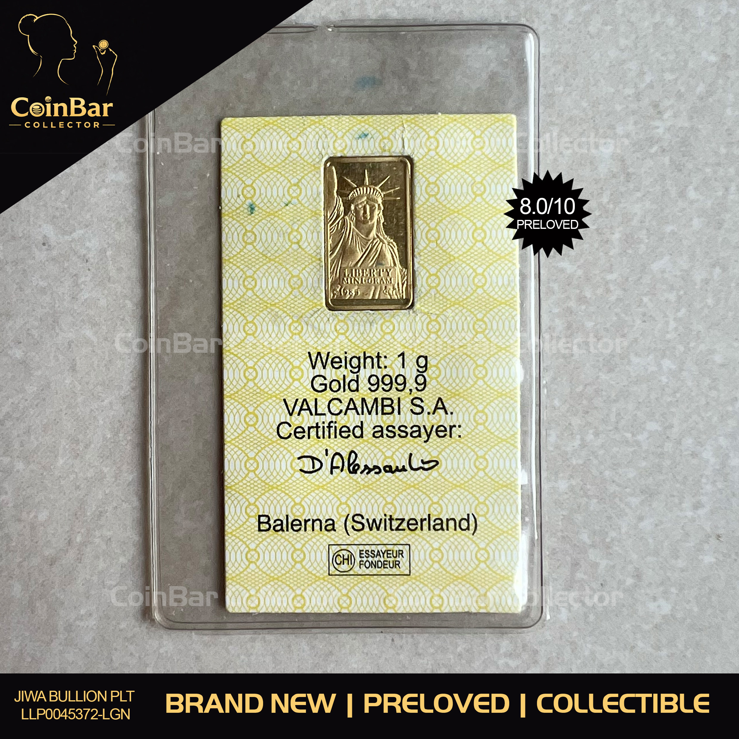 VALCAMBI 🇨🇭RARE Vintage 1985 Liberty 1g Credit Suisse Gold bar Emas 999.9 自由女神