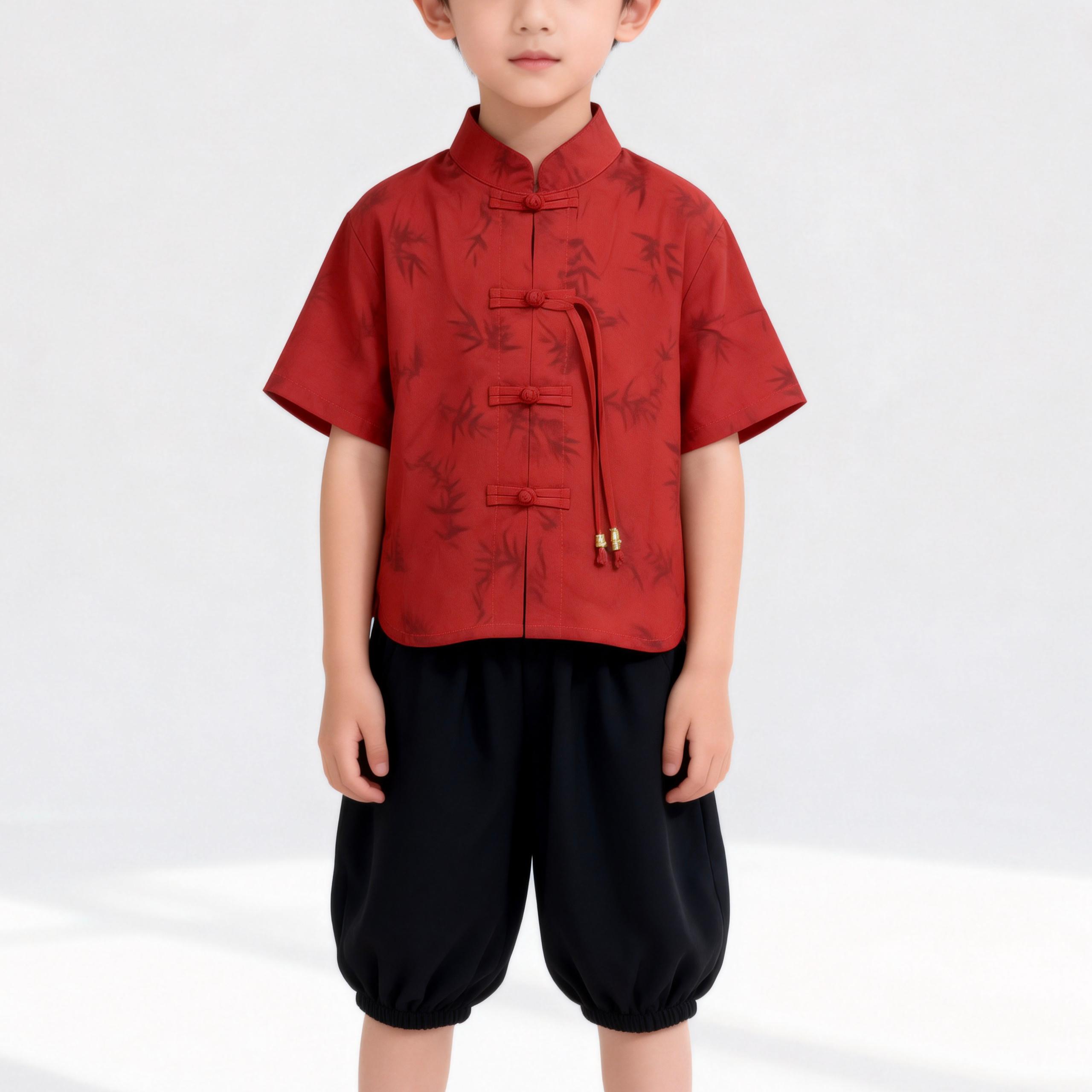 451448 | Boys' Traditional Chinese Style Tang Suit Set - Red Bamboo Print Shirt with Black Bloomers