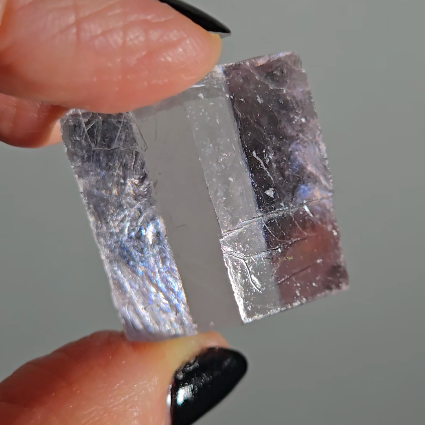 Purple calcite cube with rainbows - PC3