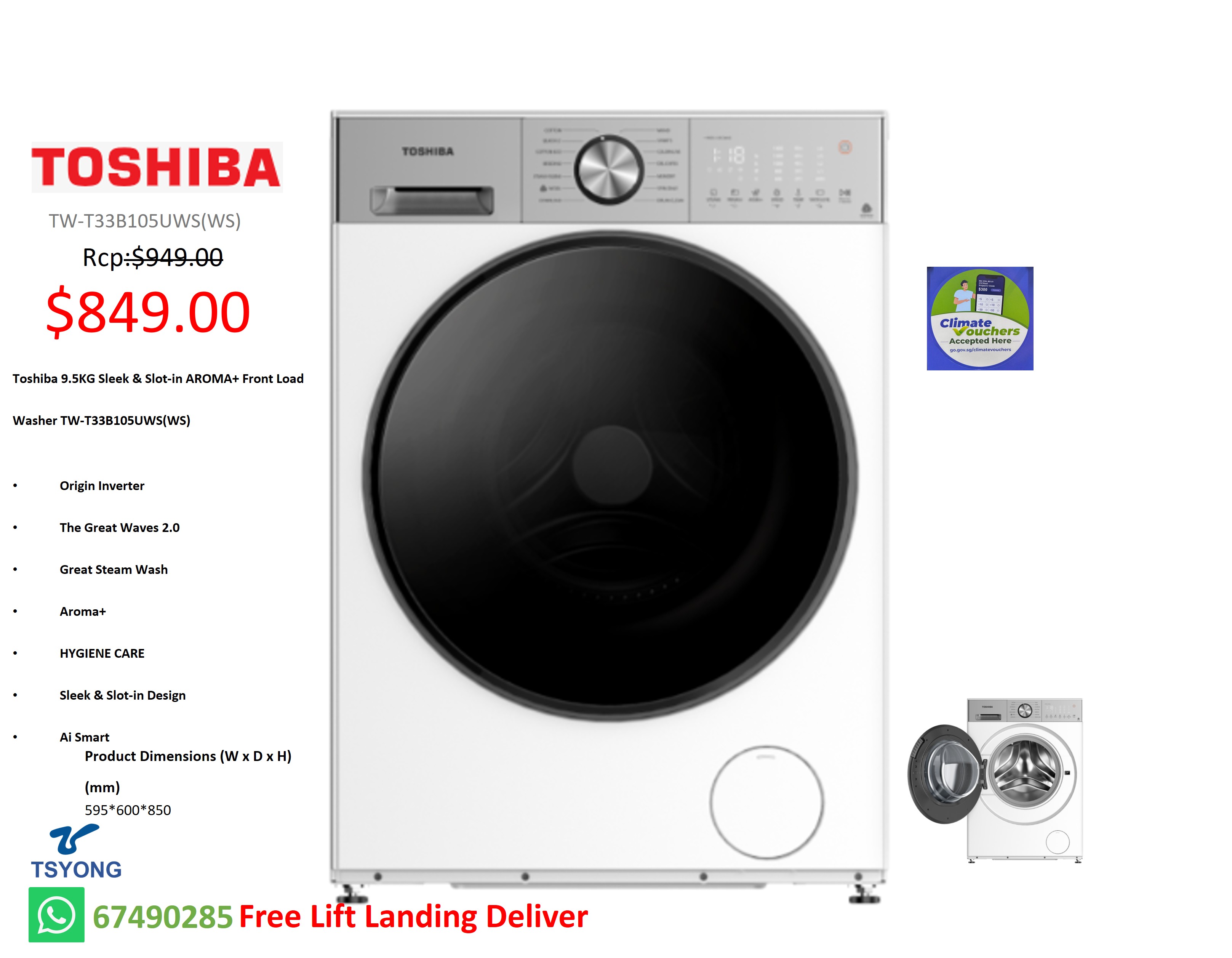 Toshiba 9.5KG Sleek & Slot-in AROMA+ Front Load Washer TW-T33B105UWS(WS)