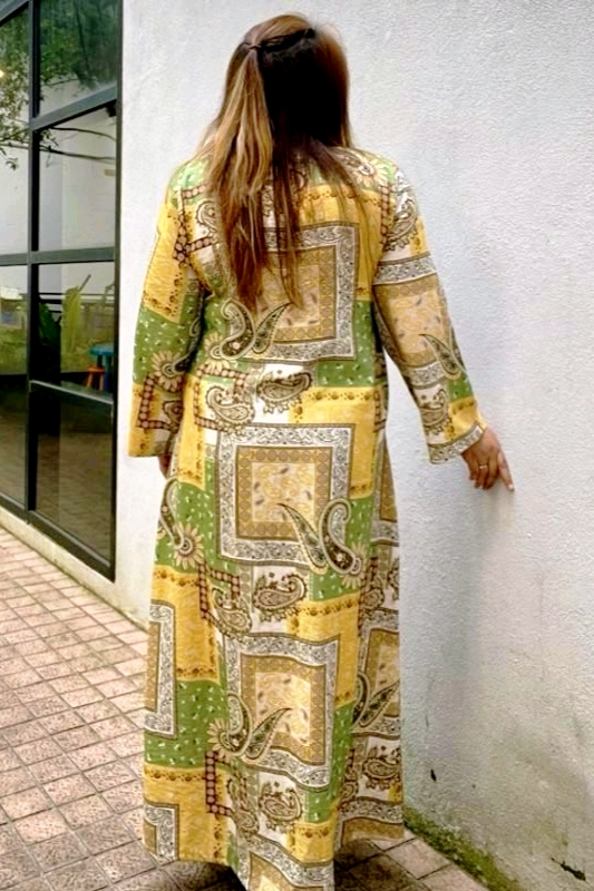 Linen Patchwork Dress - Moss Yellow