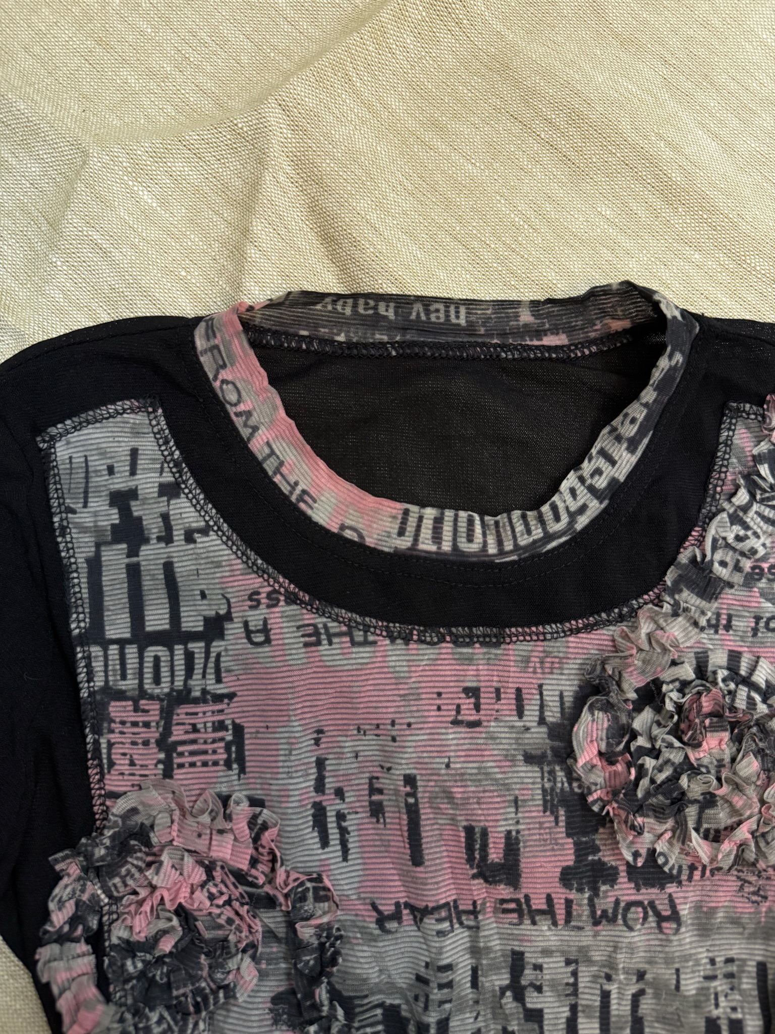 Graphic Print Long-Sleeve Mesh Top