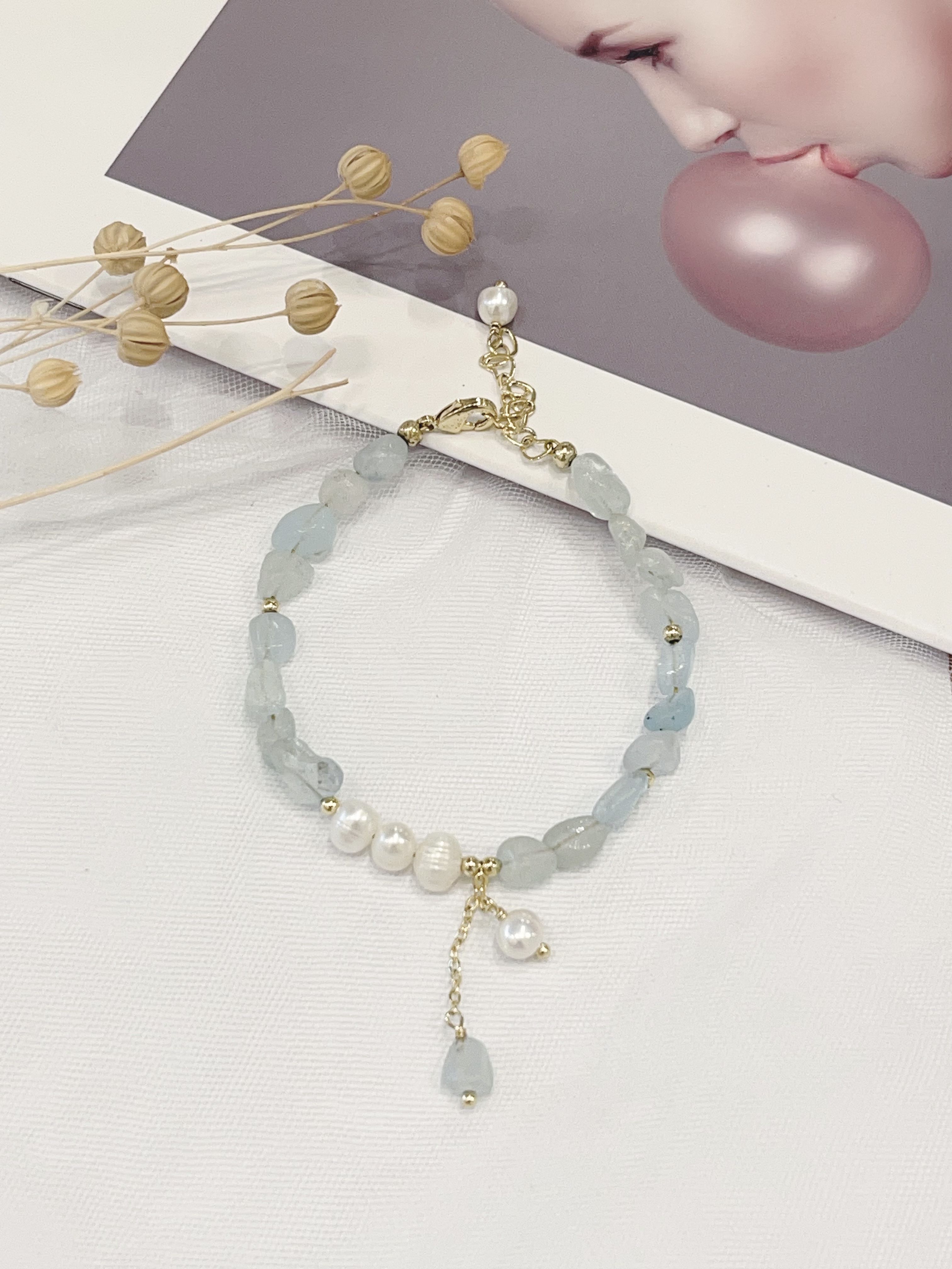 🌊 海蓝宝碎石 × 淡水珍珠手串 Aquamarine Chip & Freshwater Pearl