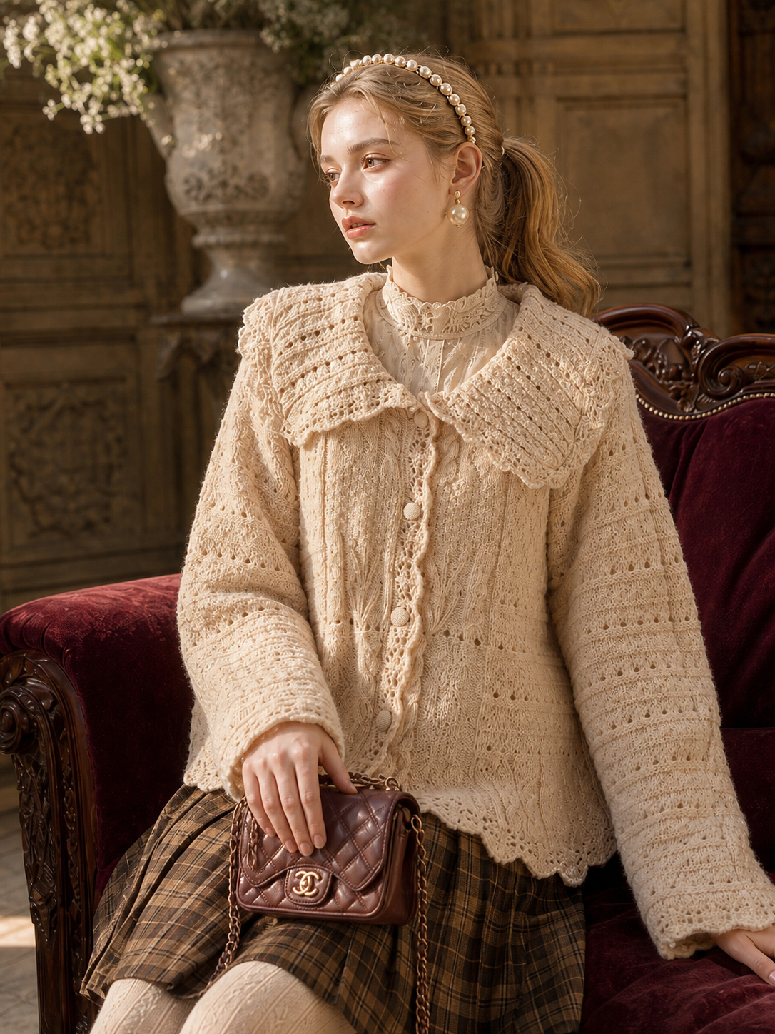 楓丹白露的詩篇 ∙ 鉤織立體拼花大翻領古董針織外套 Fontainebleau Sonnet ∙ Vintage Crocheted Lace Collar Knitted Cardigan